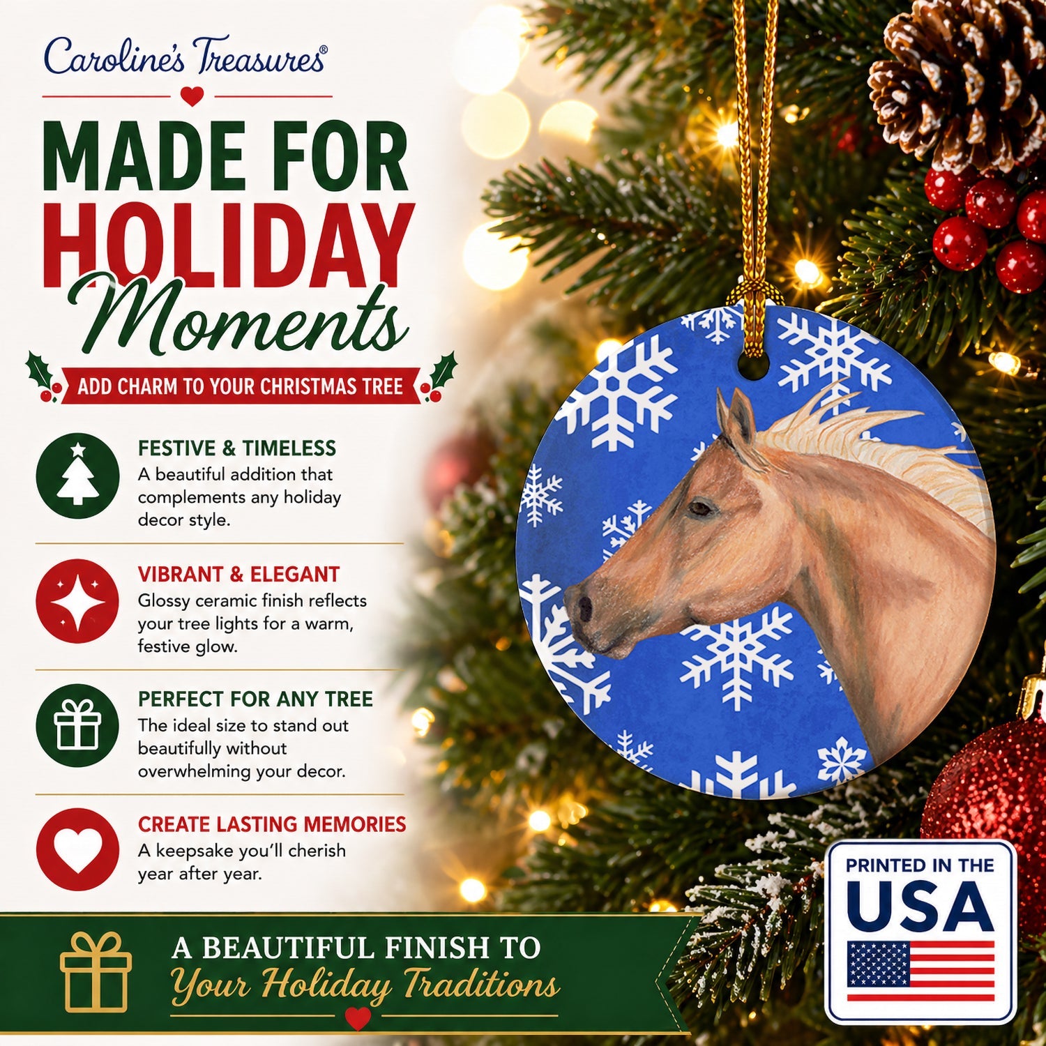 Horse Winter Snowflakes Holiday Ceramic Ornament Christmas Tree Hanging Decorations for Home Christmas Holiday, Party, Gift, 3 in, Multicolor