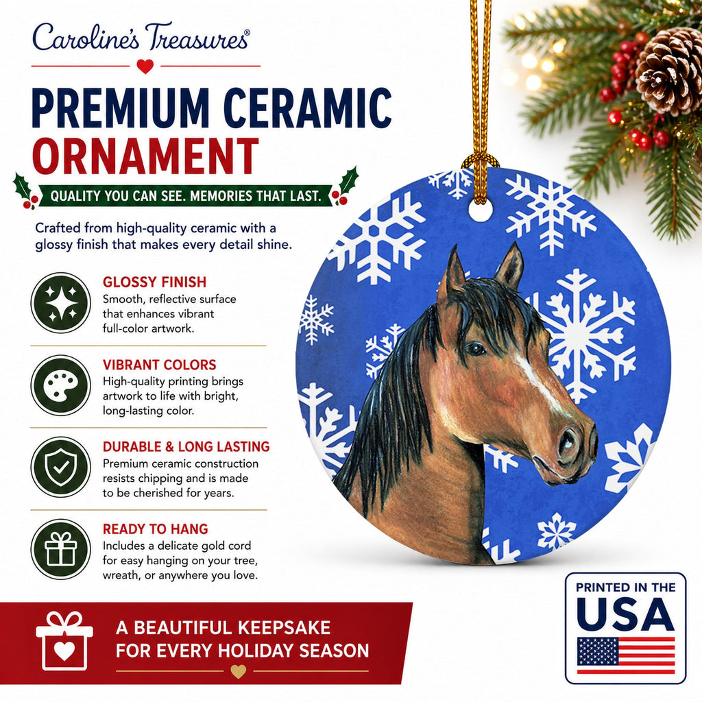 Horse Winter Snowflakes Holiday Ceramic Ornament Christmas Tree Hanging Decorations for Home Christmas Holiday, Party, Gift, 3 in, Multicolor