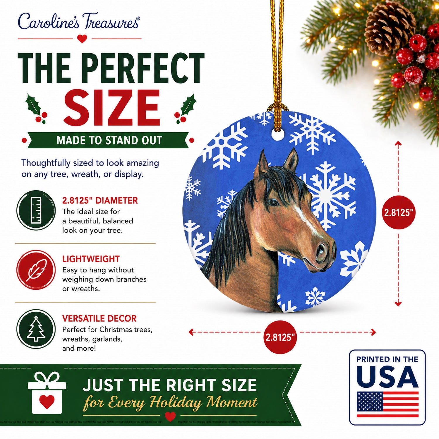 Horse Winter Snowflakes Holiday Ceramic Ornament Christmas Tree Hanging Decorations for Home Christmas Holiday, Party, Gift, 3 in, Multicolor