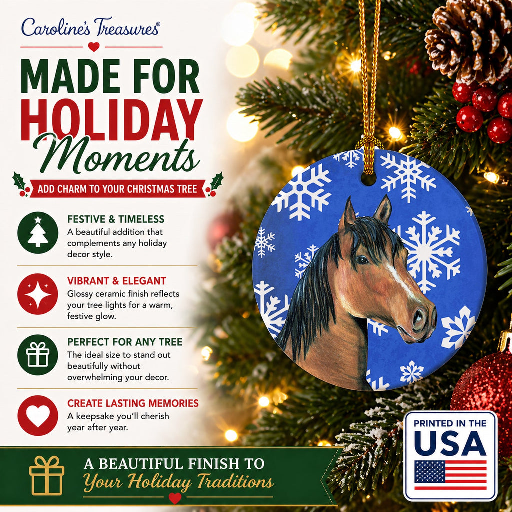 Horse Winter Snowflakes Holiday Ceramic Ornament Christmas Tree Hanging Decorations for Home Christmas Holiday, Party, Gift, 3 in, Multicolor