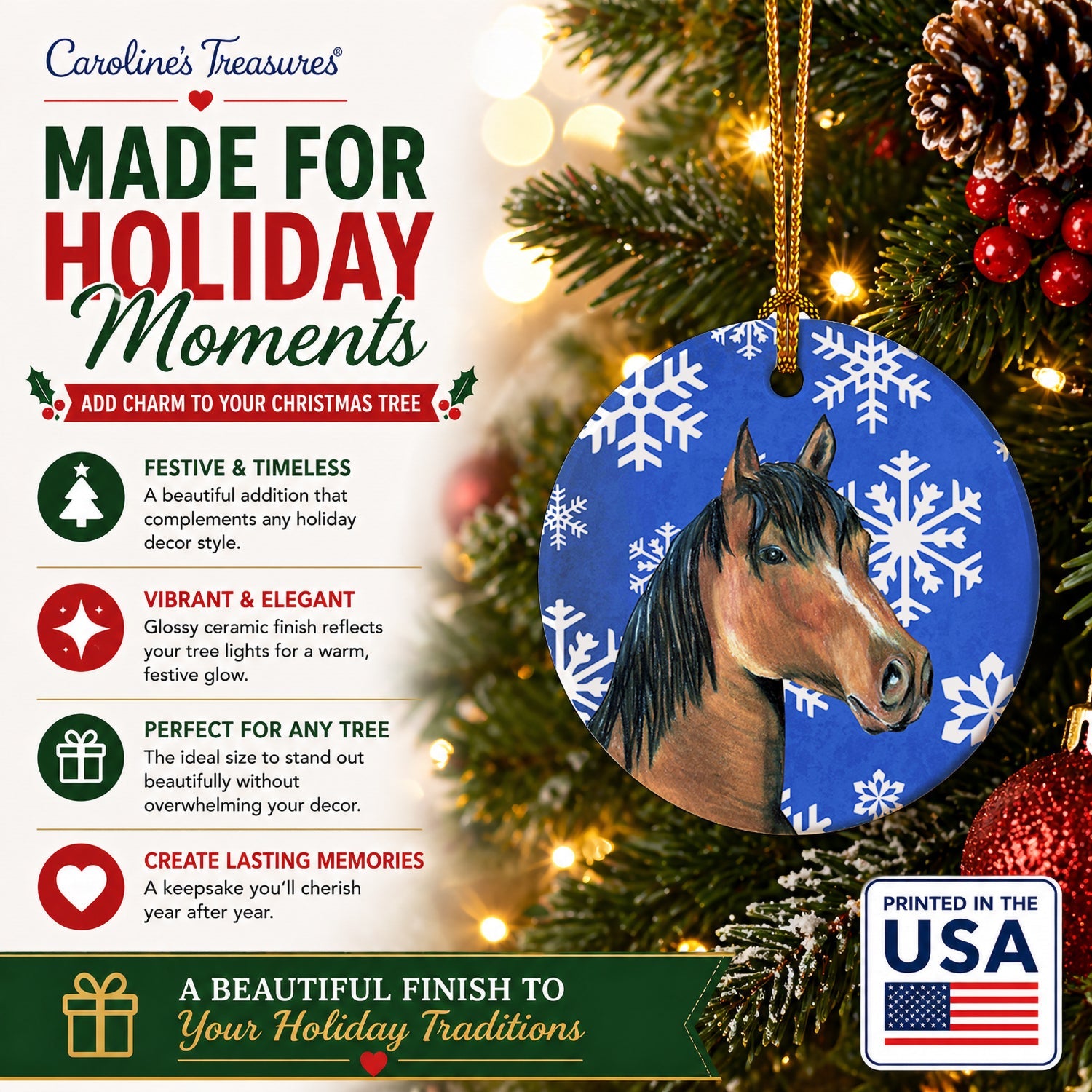 Horse Winter Snowflakes Holiday Ceramic Ornament Christmas Tree Hanging Decorations for Home Christmas Holiday, Party, Gift, 3 in, Multicolor