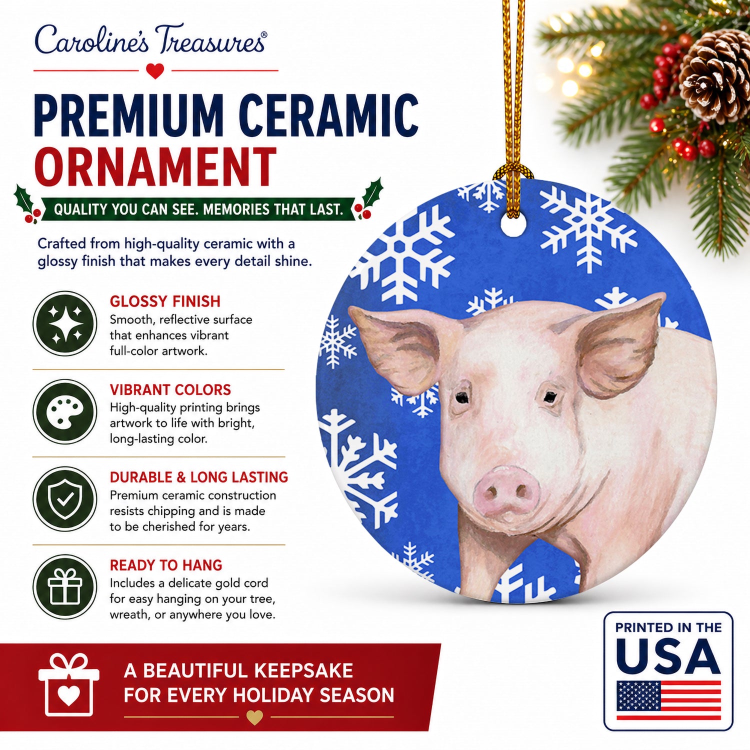 Pig Winter Snowflakes Holiday Ceramic Ornament Christmas Tree Hanging Decorations for Home Christmas Holiday, Party, Gift, 3 in, Multicolor