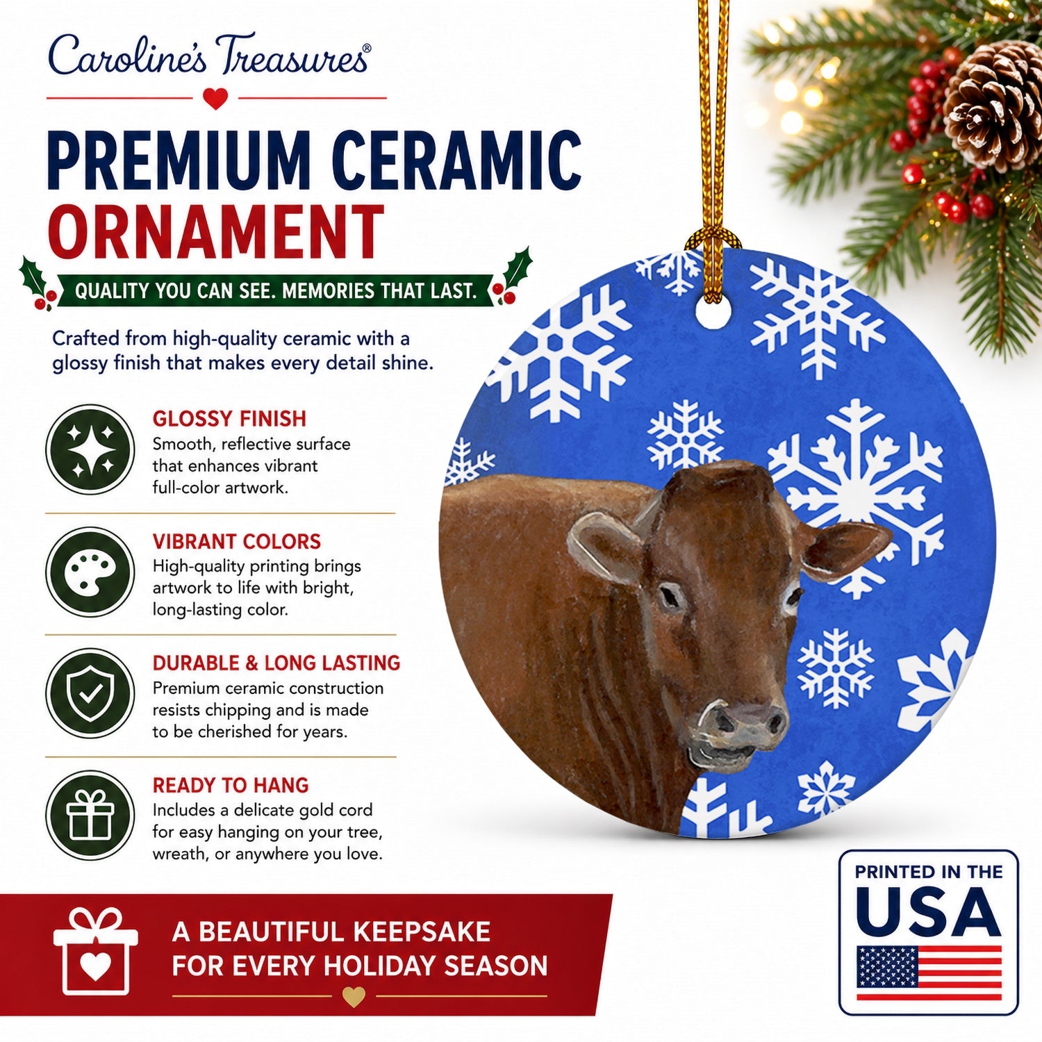 Cow Winter Snowflakes Holiday Ceramic Ornament Christmas Tree Hanging Decorations for Home Christmas Holiday, Party, Gift, 3 in, Multicolor