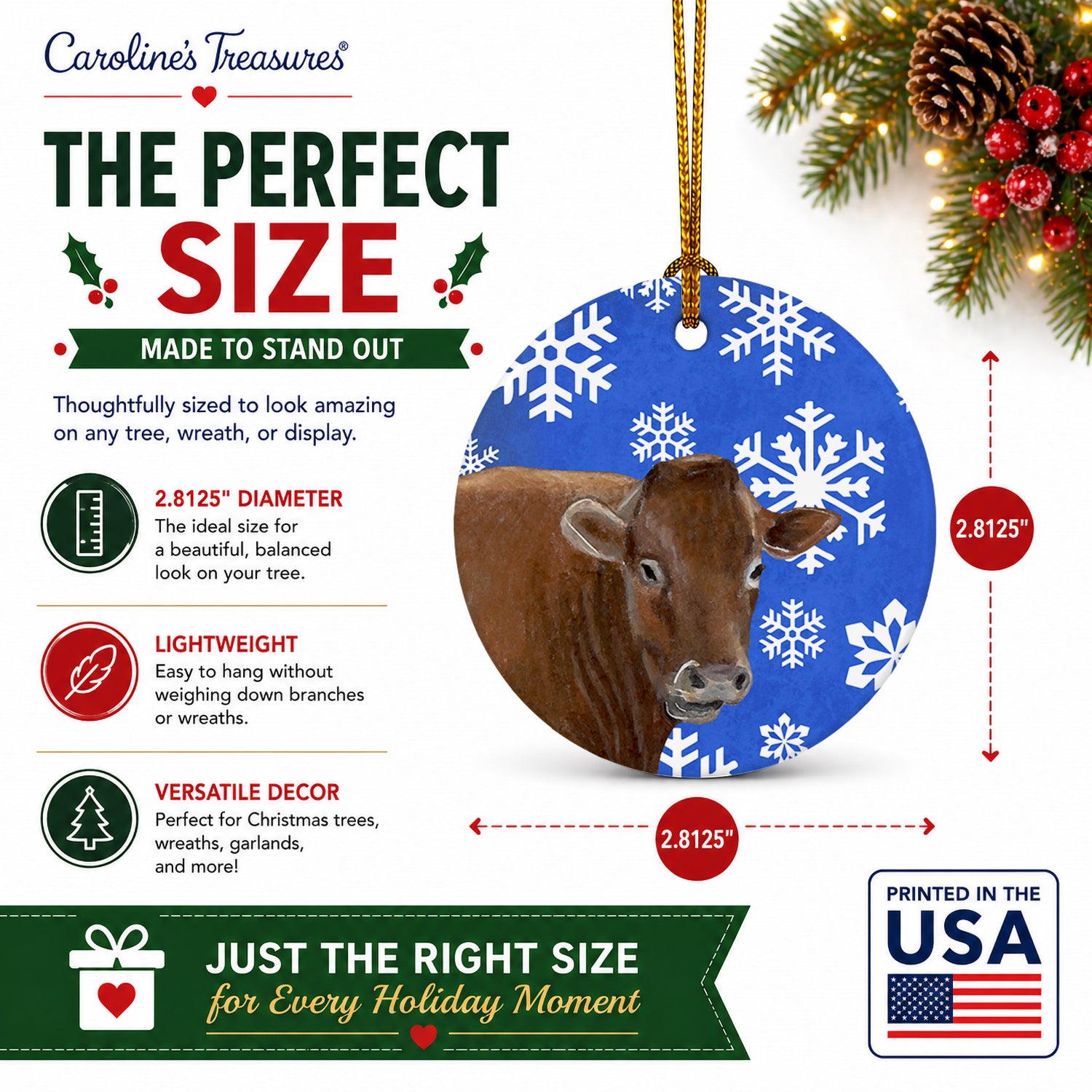 Cow Winter Snowflakes Holiday Ceramic Ornament Christmas Tree Hanging Decorations for Home Christmas Holiday, Party, Gift, 3 in, Multicolor