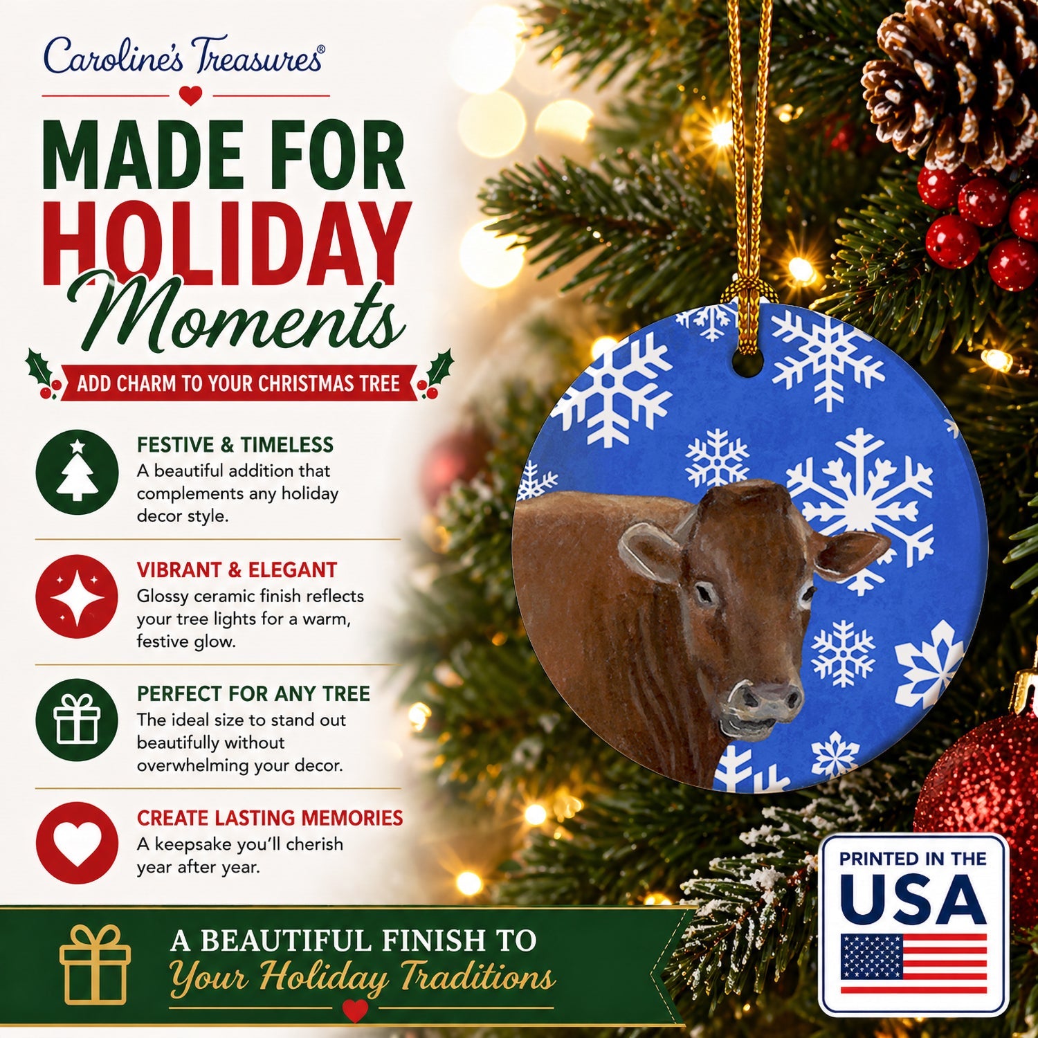 Cow Winter Snowflakes Holiday Ceramic Ornament Christmas Tree Hanging Decorations for Home Christmas Holiday, Party, Gift, 3 in, Multicolor