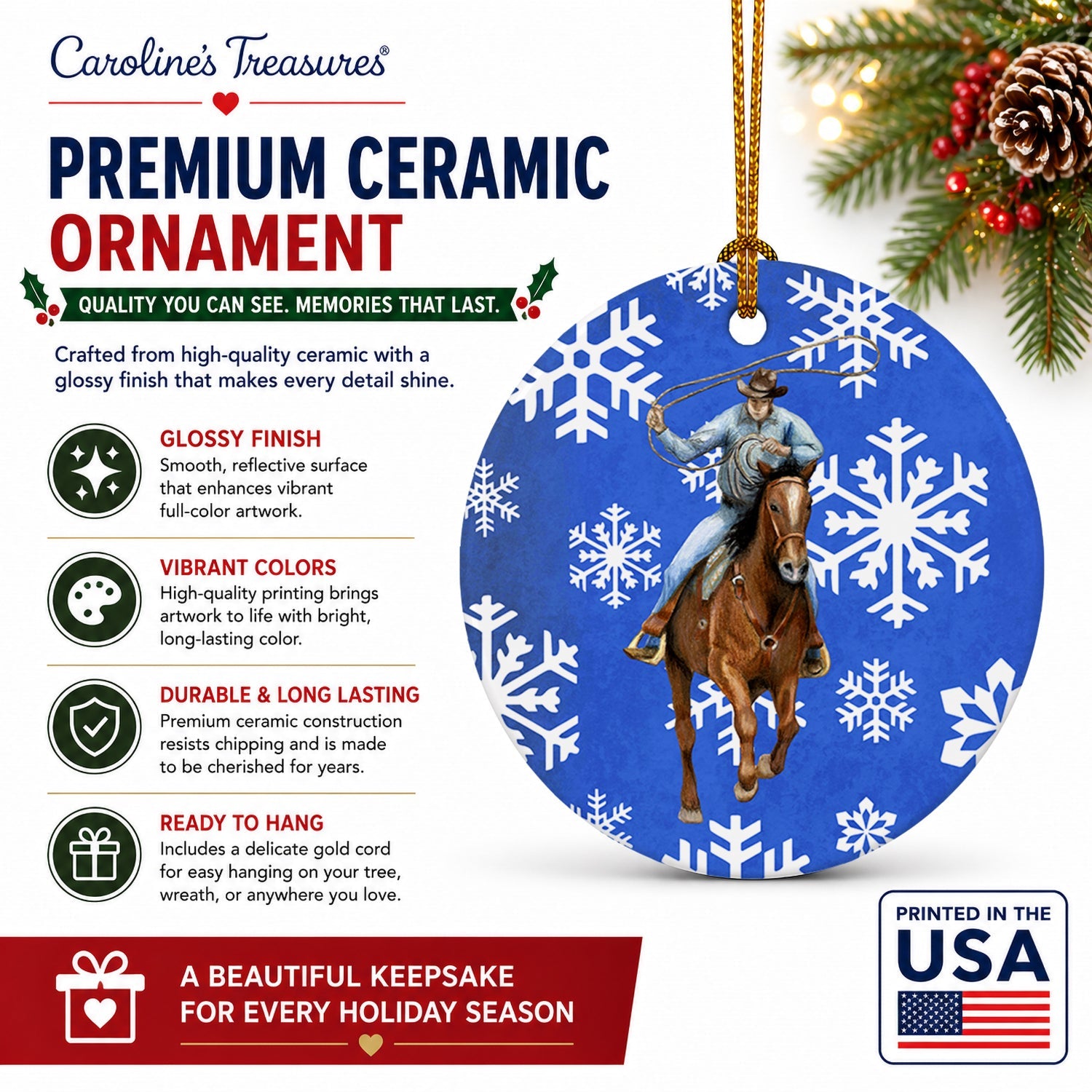 Horse Roper Winter Snowflakes Holiday Ceramic Ornament Christmas Tree Hanging Decorations for Home Christmas Holiday, Party, Gift, 3 in, Multicolor