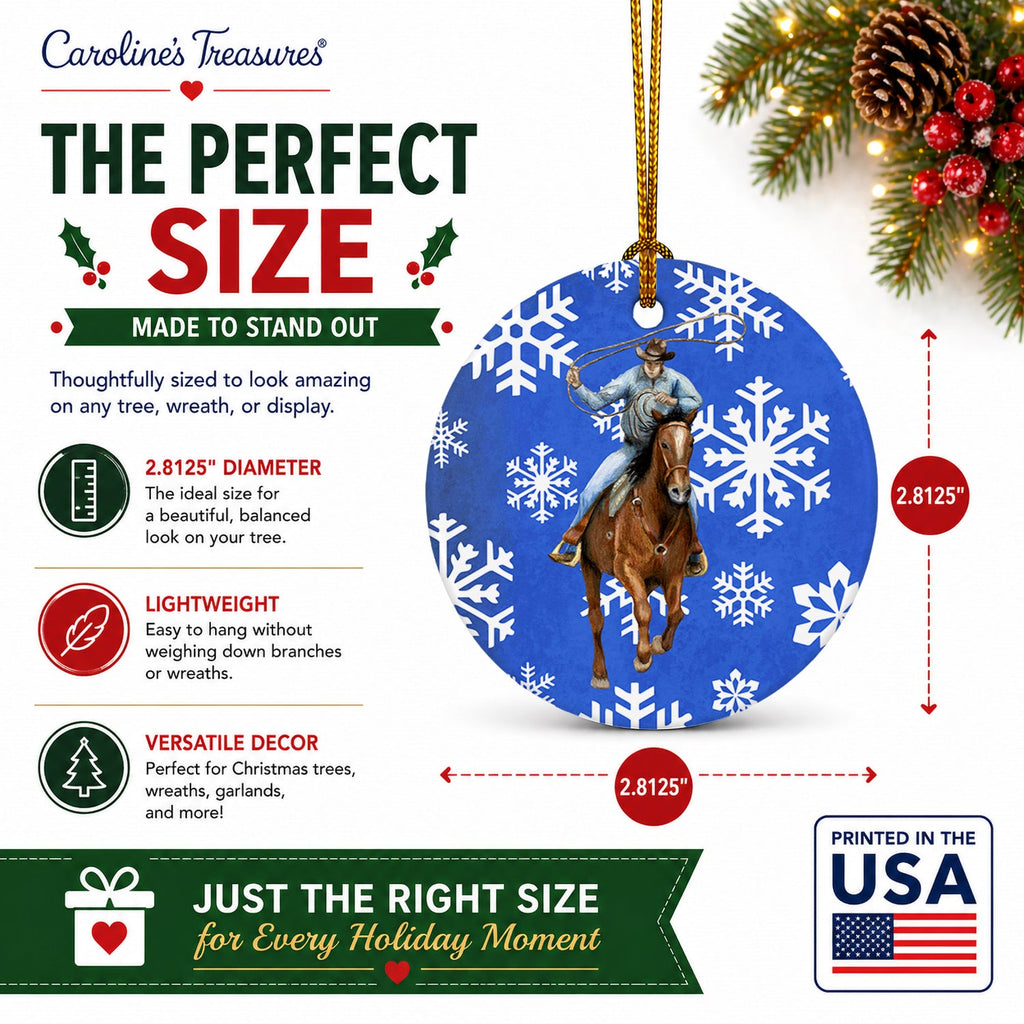 Horse Roper Winter Snowflakes Holiday Ceramic Ornament Christmas Tree Hanging Decorations for Home Christmas Holiday, Party, Gift, 3 in, Multicolor