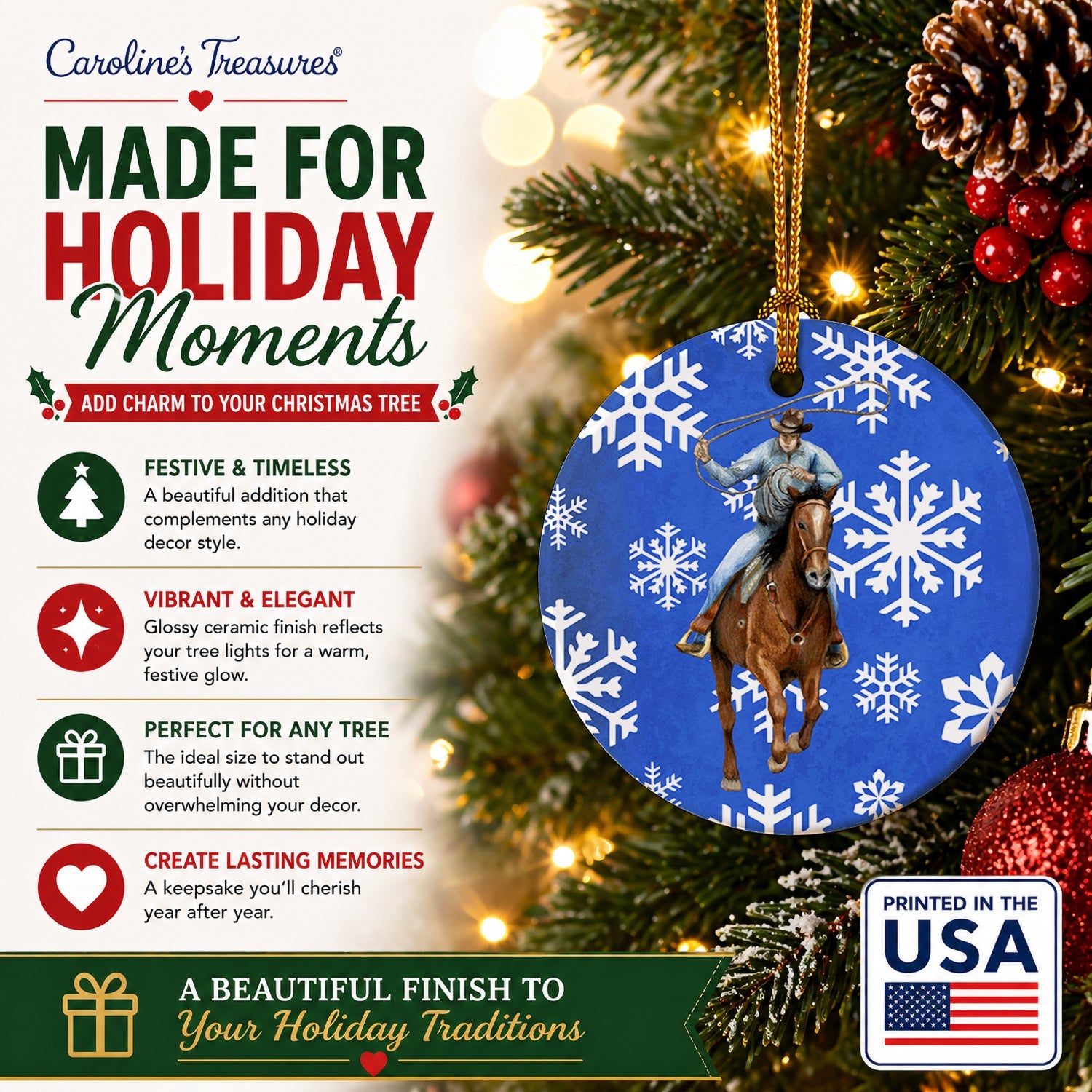 Horse Roper Winter Snowflakes Holiday Ceramic Ornament Christmas Tree Hanging Decorations for Home Christmas Holiday, Party, Gift, 3 in, Multicolor