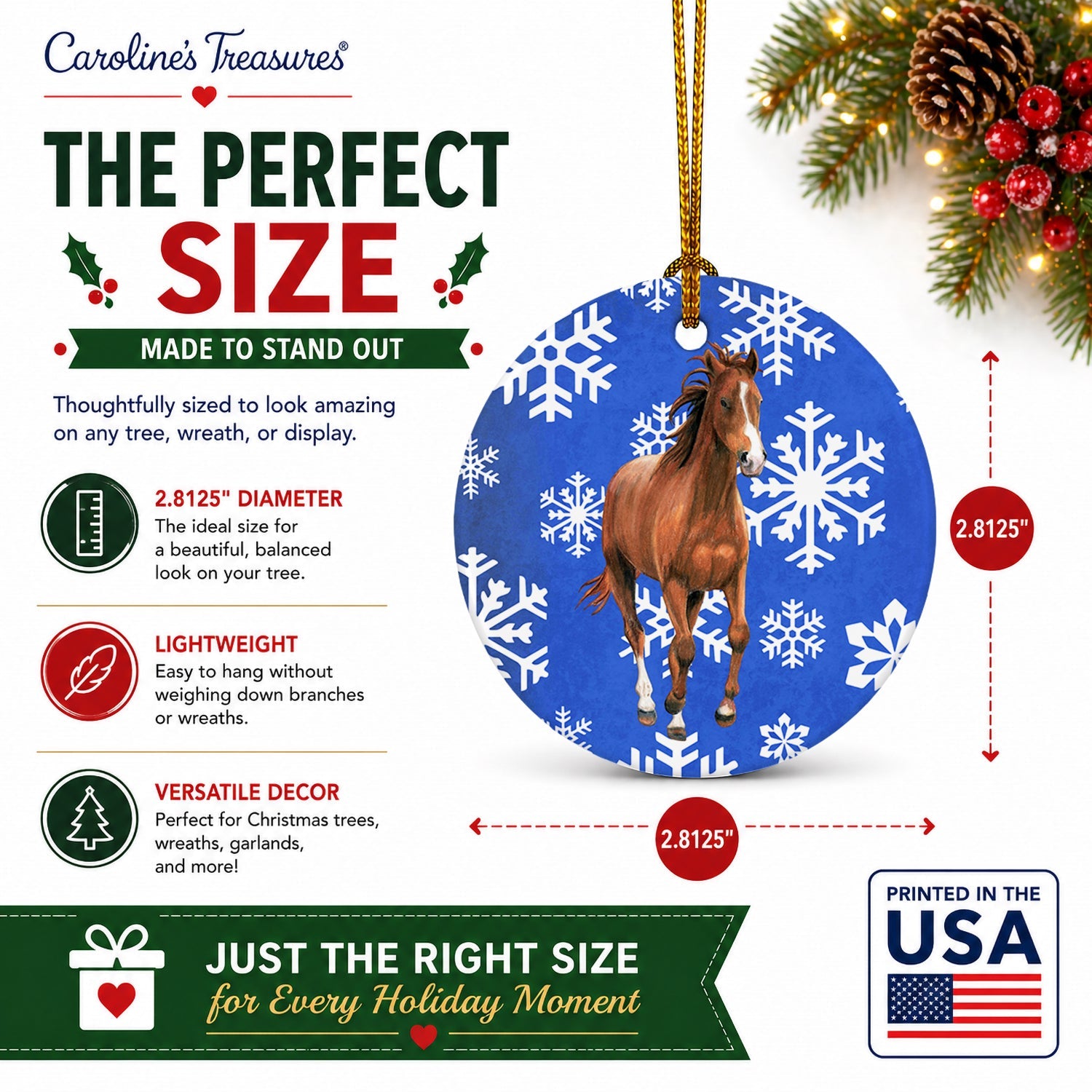 Horse Winter Snowflakes Holiday Ceramic Ornament Christmas Tree Hanging Decorations for Home Christmas Holiday, Party, Gift, 3 in, Multicolor