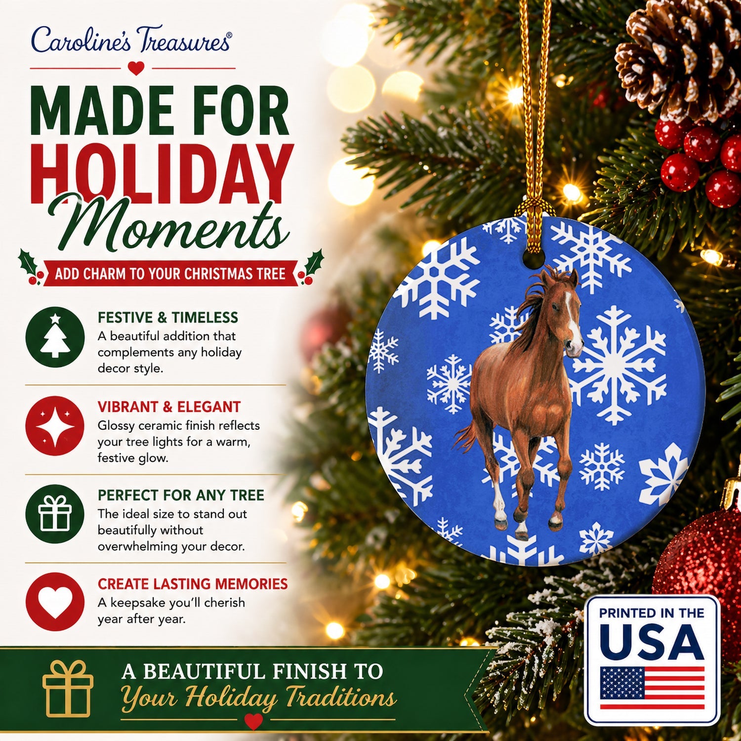Horse Winter Snowflakes Holiday Ceramic Ornament Christmas Tree Hanging Decorations for Home Christmas Holiday, Party, Gift, 3 in, Multicolor