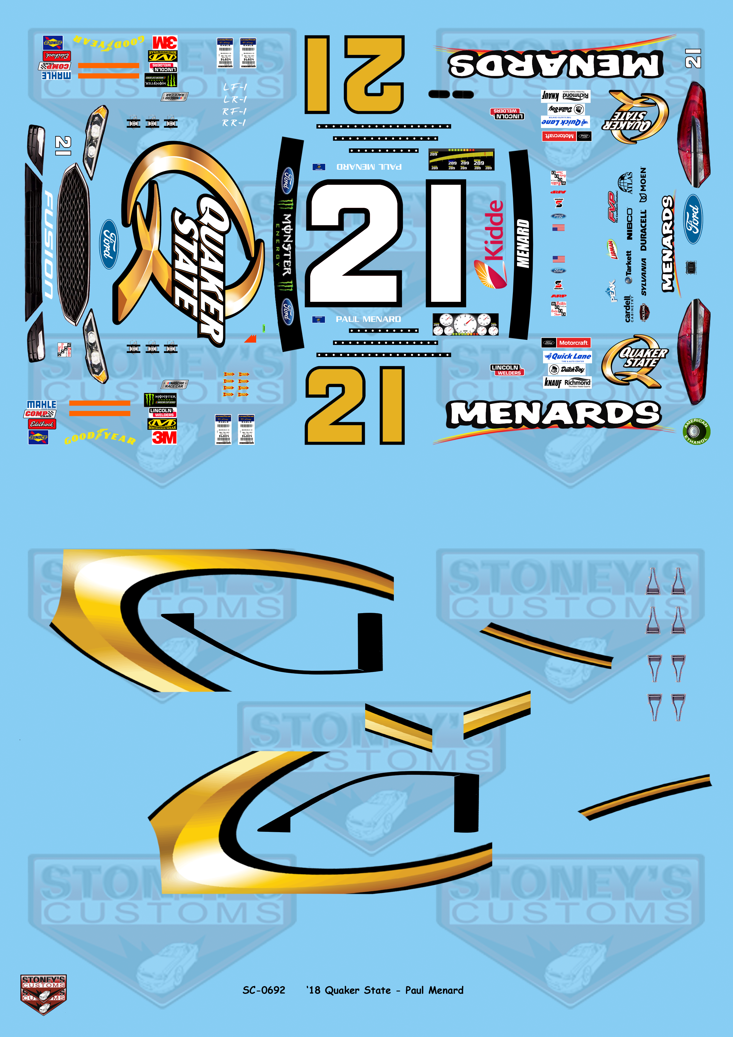 Stoney's Customs 2018 #21 Quaker State Paul Menard Ford Fusion 1:24 Decal Set