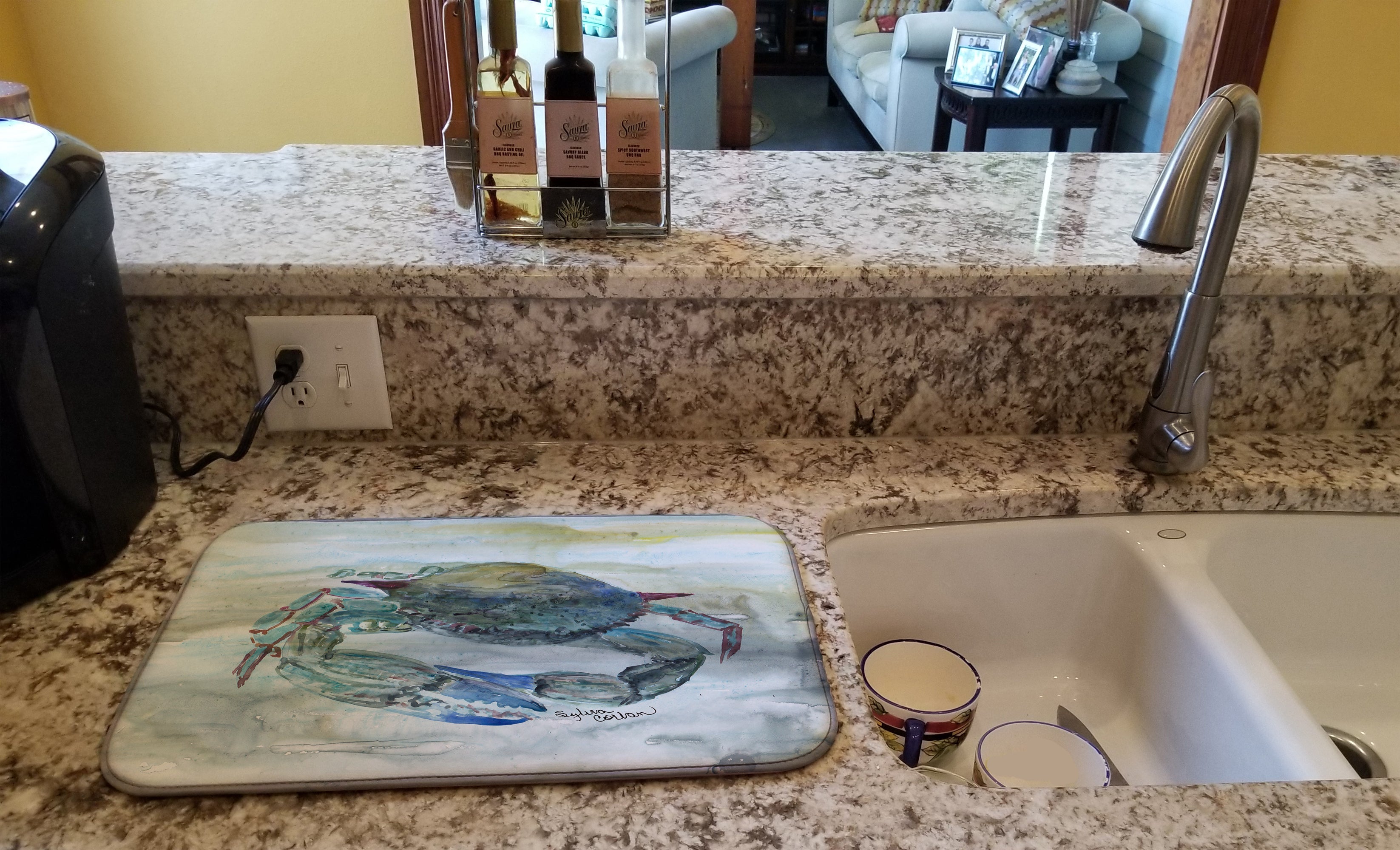 Blue Crab Watercolor Dish Drying Mat Absorbent Dish Drying Mat Pad for Kitchen Counter Dish Drainer Mat for Countertop, 14 x 21", Multicolor