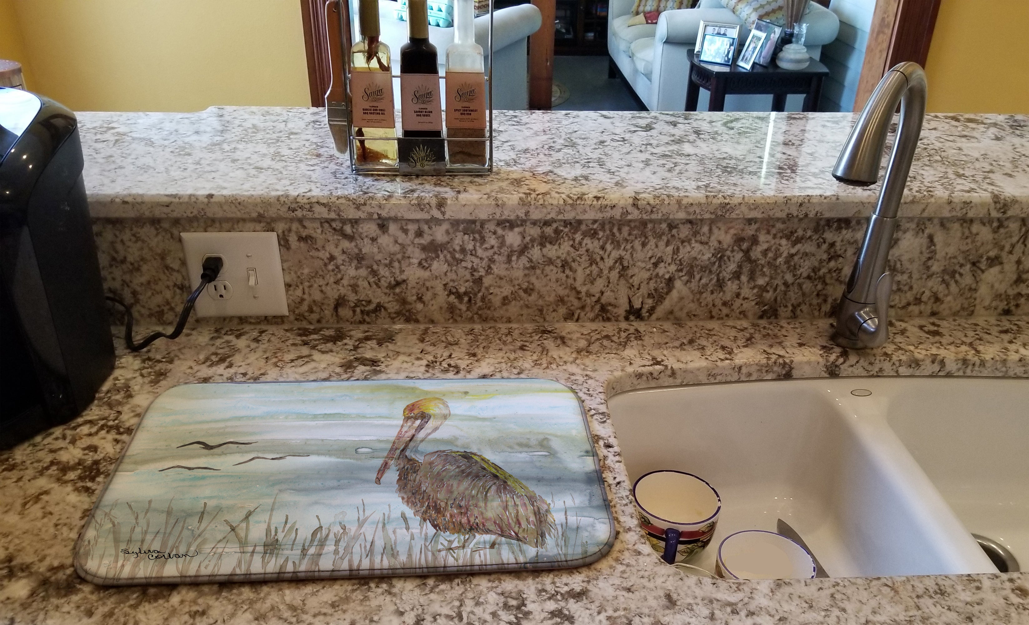 Brown Pelican Watercolor Dish Drying Mat Absorbent Dish Drying Mat Pad for Kitchen Counter Dish Drainer Mat for Countertop, 14 x 21", Multicolor
