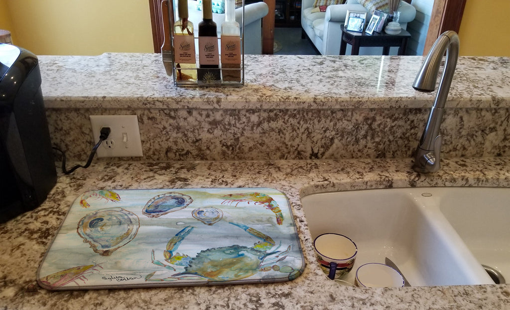 Crab, Shrimp and Oyster Watercolor Dish Drying Mat Absorbent Dish Drying Mat Pad for Kitchen Counter Dish Drainer Mat for Countertop, 14 x 21", Multicolor