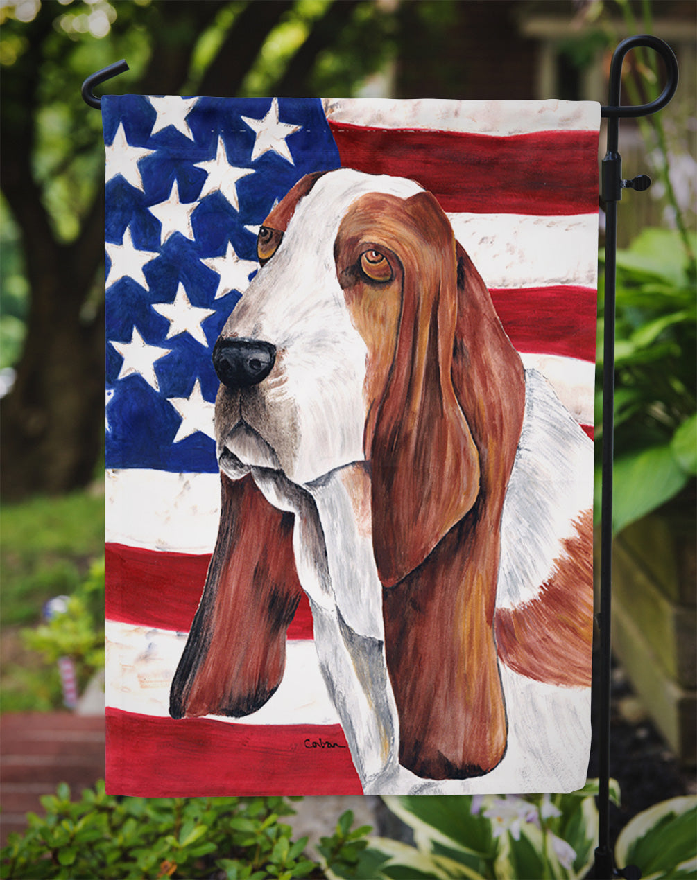 USA American Flag with Basset Hound Garden Flag Mailbox Decorative Yard Banner Outside Patio Artwork for Flower Beds, Garden Size, Multicolor