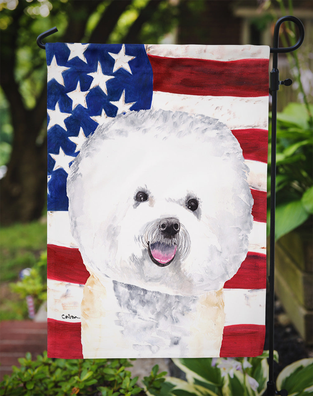 USA American Flag with Bichon Frise Garden Flag Mailbox Decorative Yard Banner Outside Patio Artwork for Flower Beds, Garden Size, Multicolor