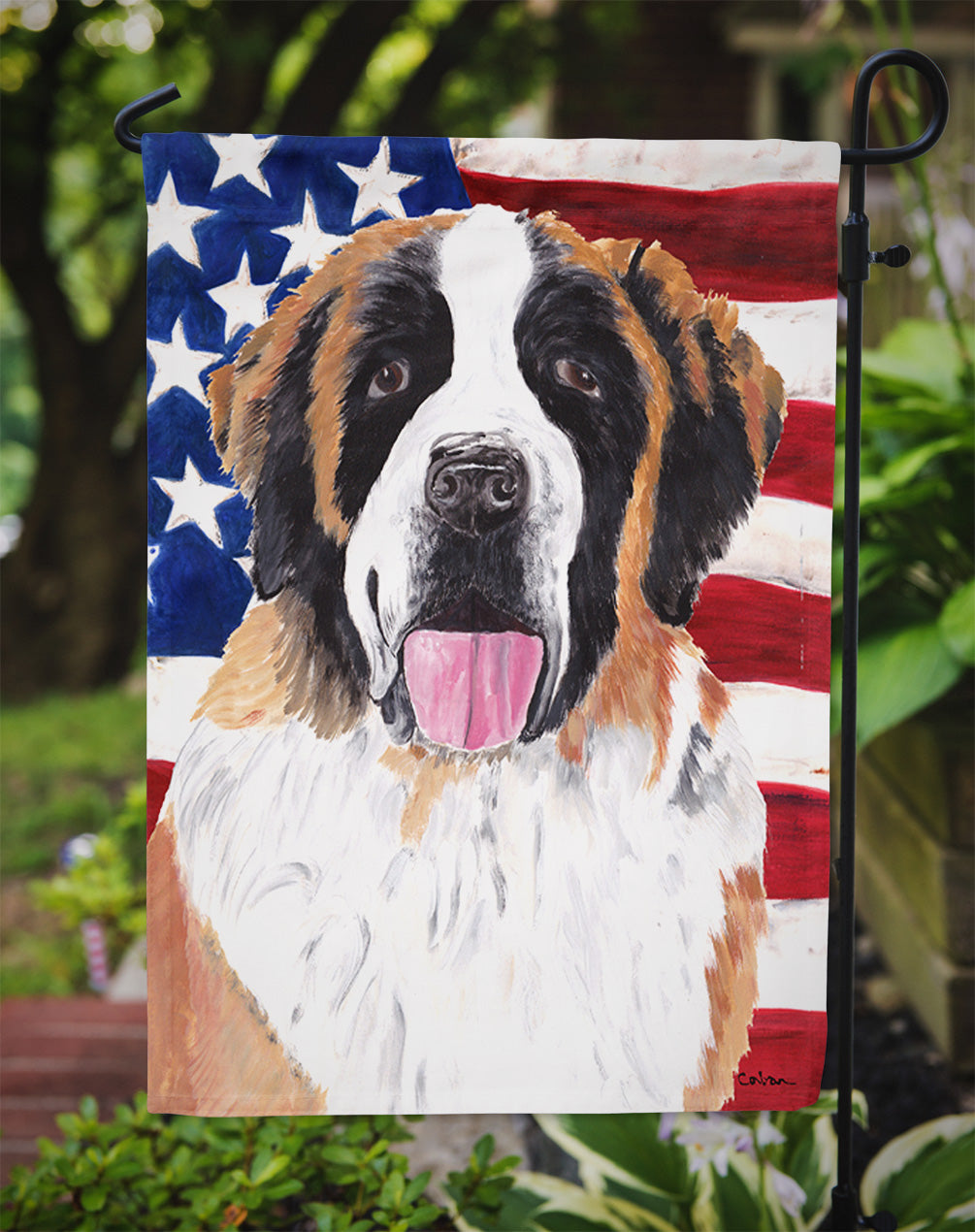 USA American Flag with Saint Bernard Garden Flag Mailbox Decorative Yard Banner Outside Patio Artwork for Flower Beds, Garden Size, Multicolor