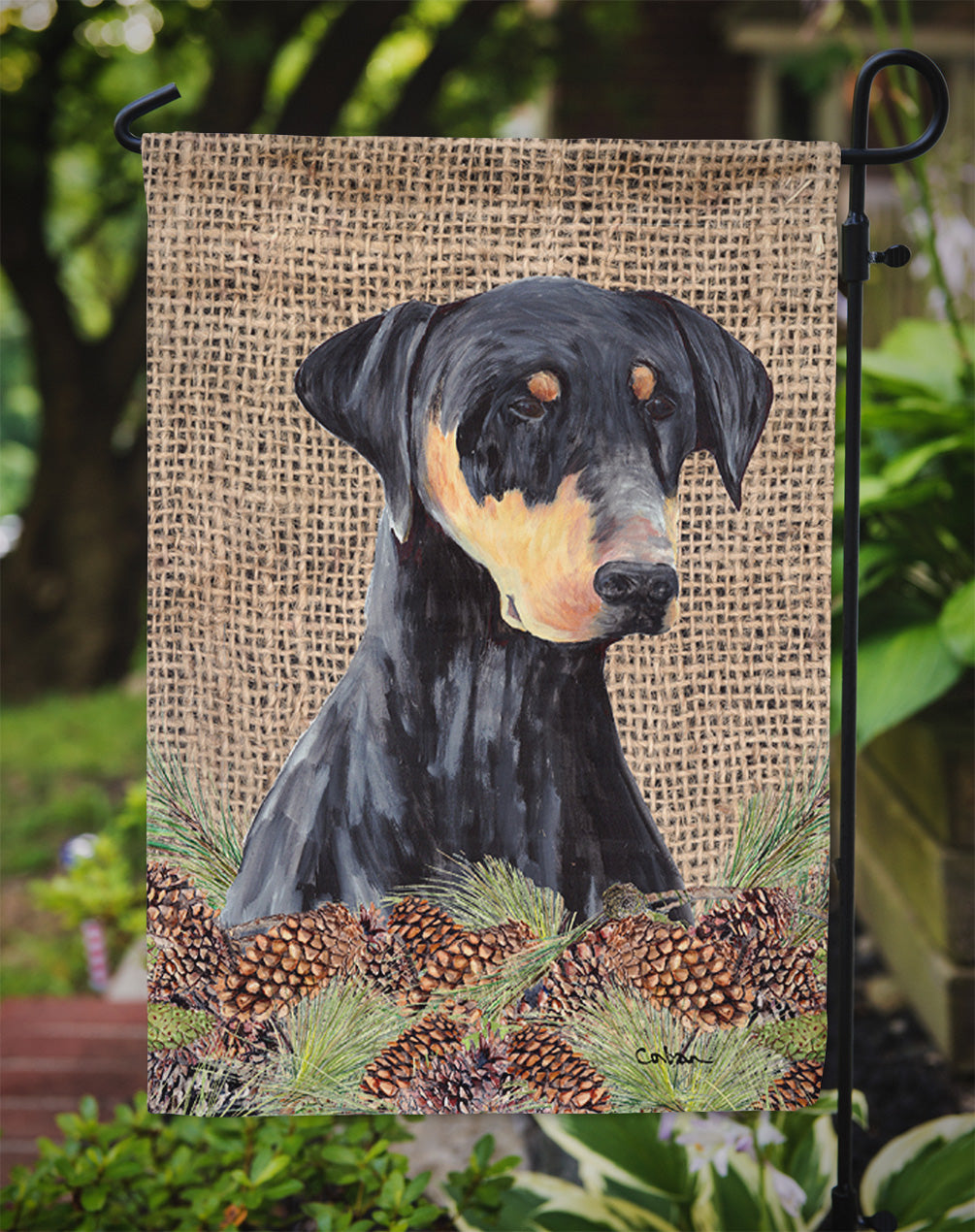 Doberman Faux Burlap and Pine cones Garden Flag Mailbox Decorative Yard Banner Outside Patio Artwork for Flower Beds, Garden Size, Multicolor