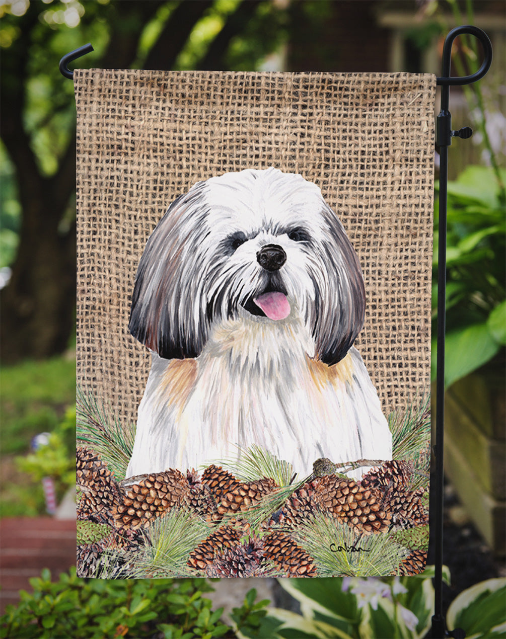 Shih Tzu Faux Burlap and Pine cones Garden Flag Mailbox Decorative Yard Banner Outside Patio Artwork for Flower Beds, Garden Size, Multicolor