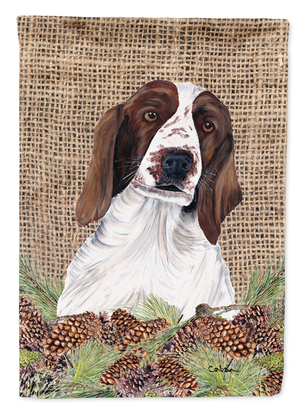 Welsh Springer Spaniel Faux Burlap and Pine cones Garden Flag Mailbox Decorative Yard Banner Outside Patio Artwork for Flower Beds, Garden Size, Multicolor