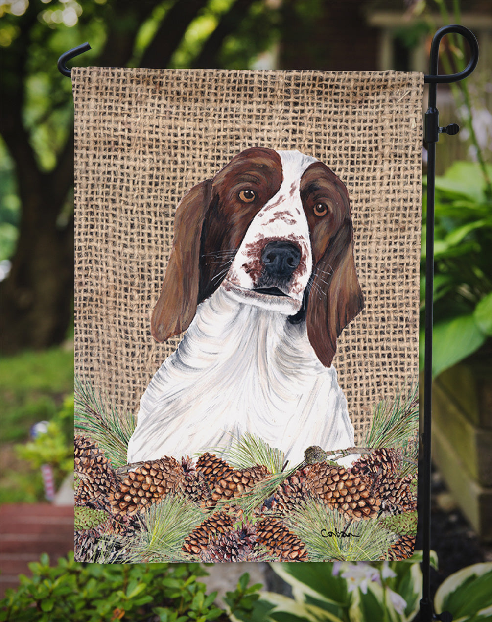 Welsh Springer Spaniel Faux Burlap and Pine cones Garden Flag Mailbox Decorative Yard Banner Outside Patio Artwork for Flower Beds, Garden Size, Multicolor