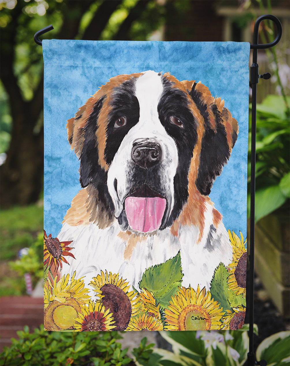 Saint Bernard in Summer Flowers Garden Flag Mailbox Decorative Yard Banner Outside Patio Artwork for Flower Beds, Garden Size, Multicolor