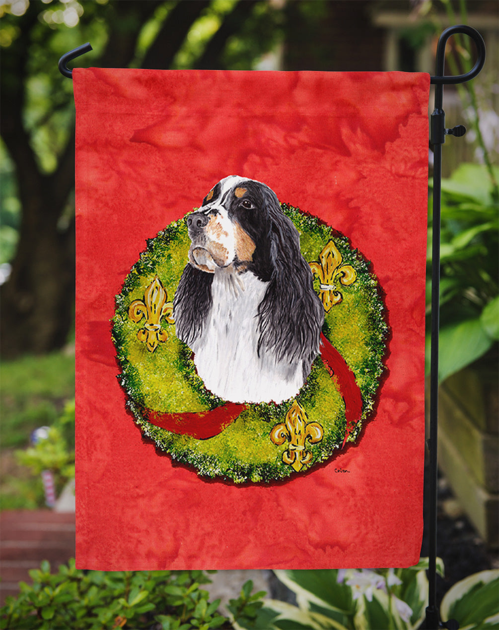 Springer Spaniel Christmas Wreath Garden Flag Mailbox Decorative Yard Banner Outside Patio Artwork for Flower Beds, Garden Size, Multicolor