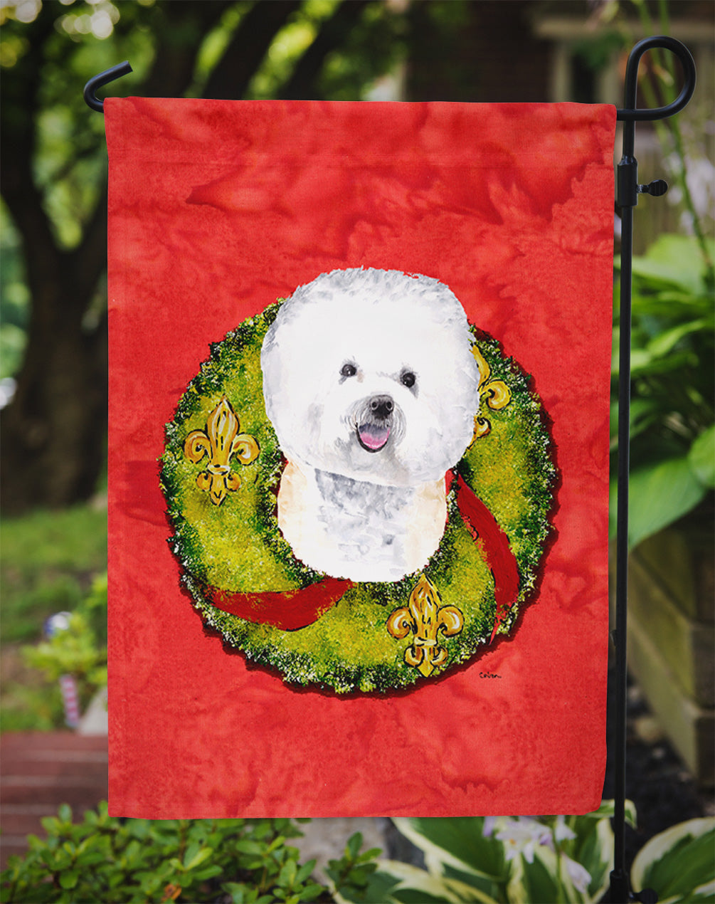Bichon Frise Christmas Wreath Garden Flag Mailbox Decorative Yard Banner Outside Patio Artwork for Flower Beds, Garden Size, Multicolor