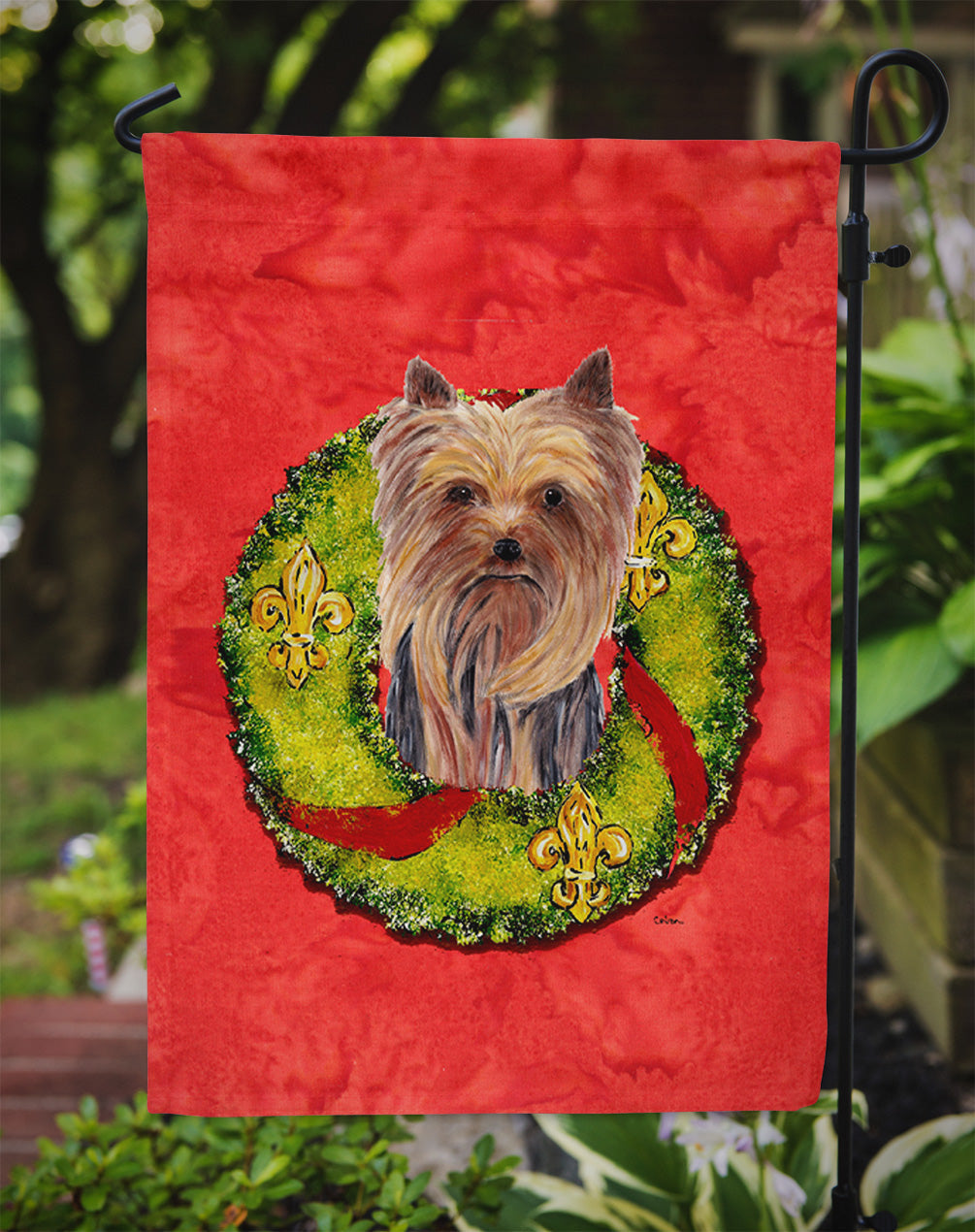 Yorkie Christmas Wreath Garden Flag Mailbox Decorative Yard Banner Outside Patio Artwork for Flower Beds, Garden Size, Multicolor