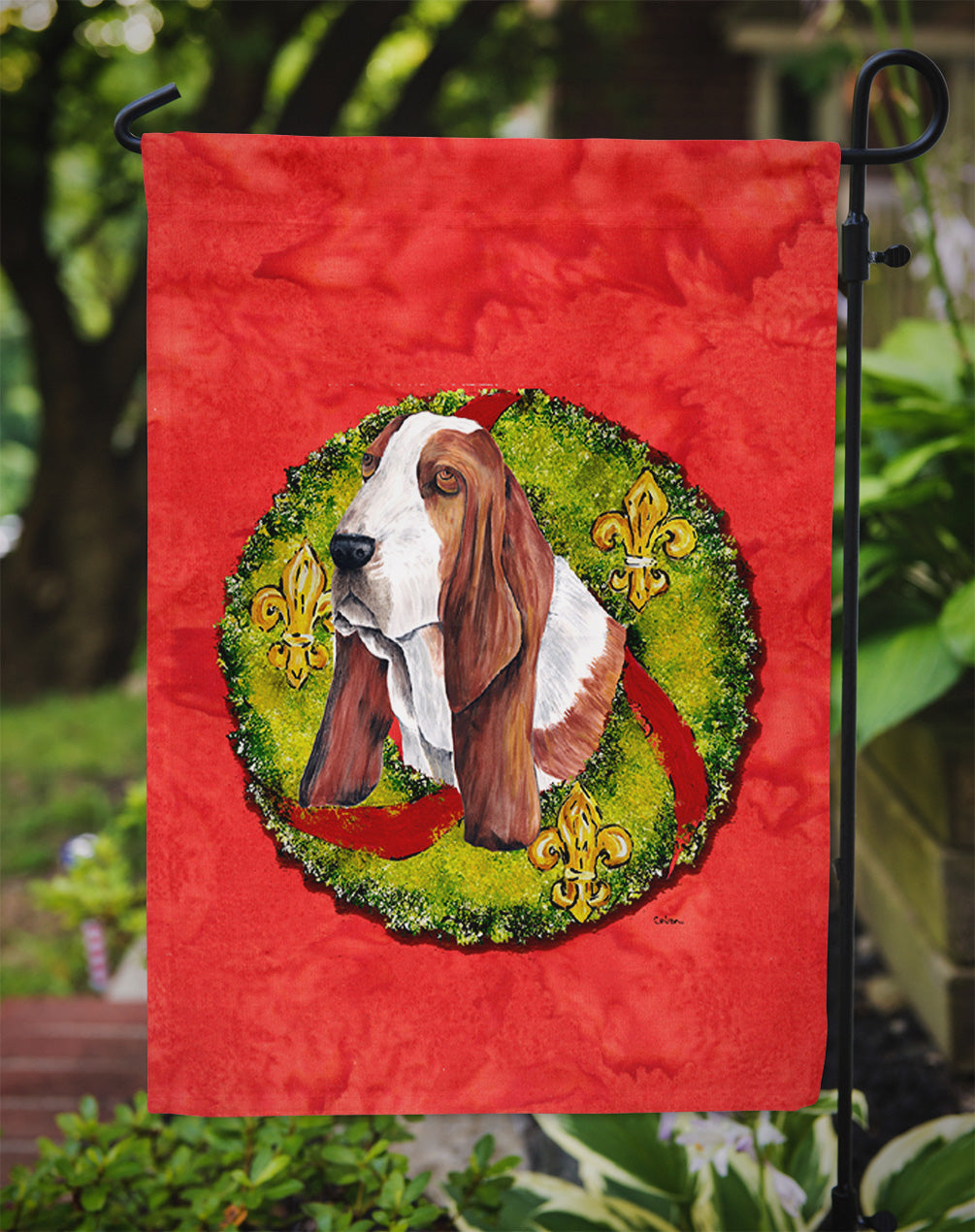 Basset Hound Christmas Wreath Garden Flag Mailbox Decorative Yard Banner Outside Patio Artwork for Flower Beds, Garden Size, Multicolor