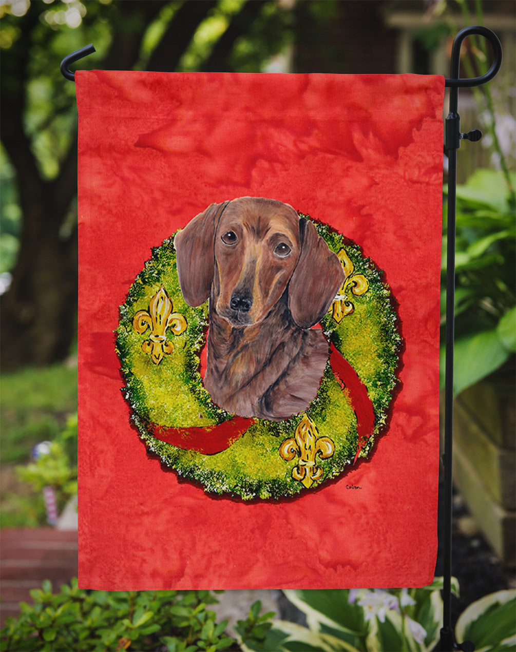 Dachshund Christmas Wreath Garden Flag Mailbox Decorative Yard Banner Outside Patio Artwork for Flower Beds, Garden Size, Multicolor