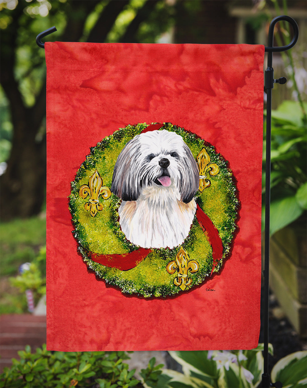 Shih Tzu Christmas Wreath Garden Flag Mailbox Decorative Yard Banner Outside Patio Artwork for Flower Beds, Garden Size, Multicolor