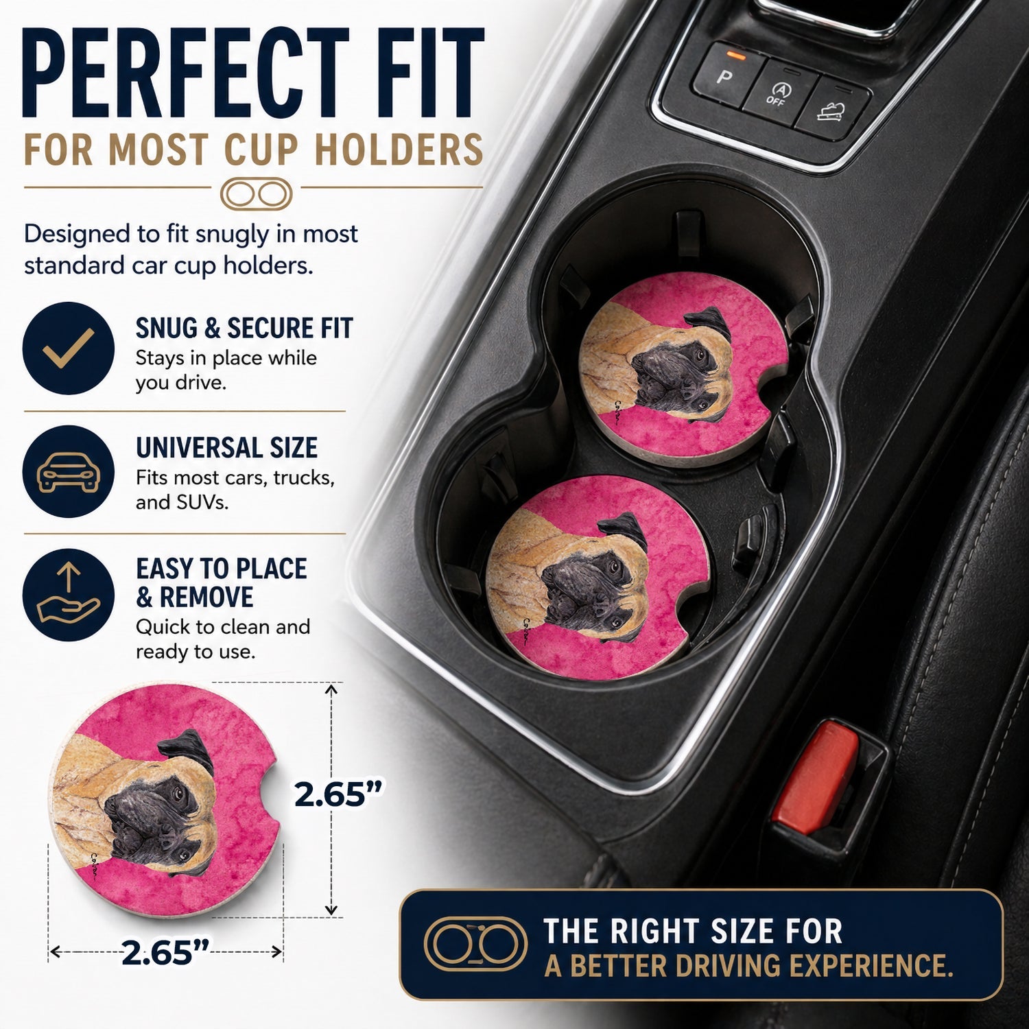 Pink Mastiff Set of 2 Cup Holder Car Coasters Absorbent Round Sandstone Coasters Gifts for Men or Women, 2.5, Multicolor