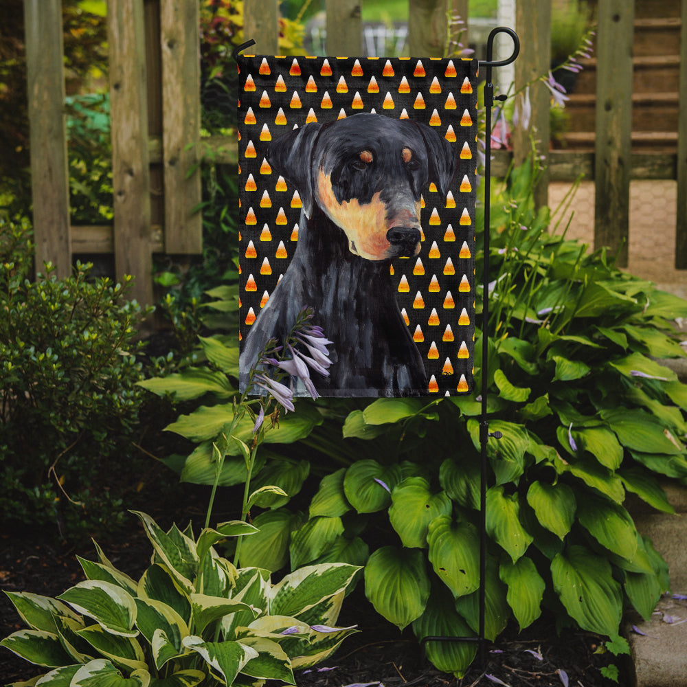 Doberman Natural Ears Candy Corn Halloween Portrait Garden Flag Mailbox Decorative Yard Banner Outside Patio Artwork for Flower Beds, Garden Size, Multicolor