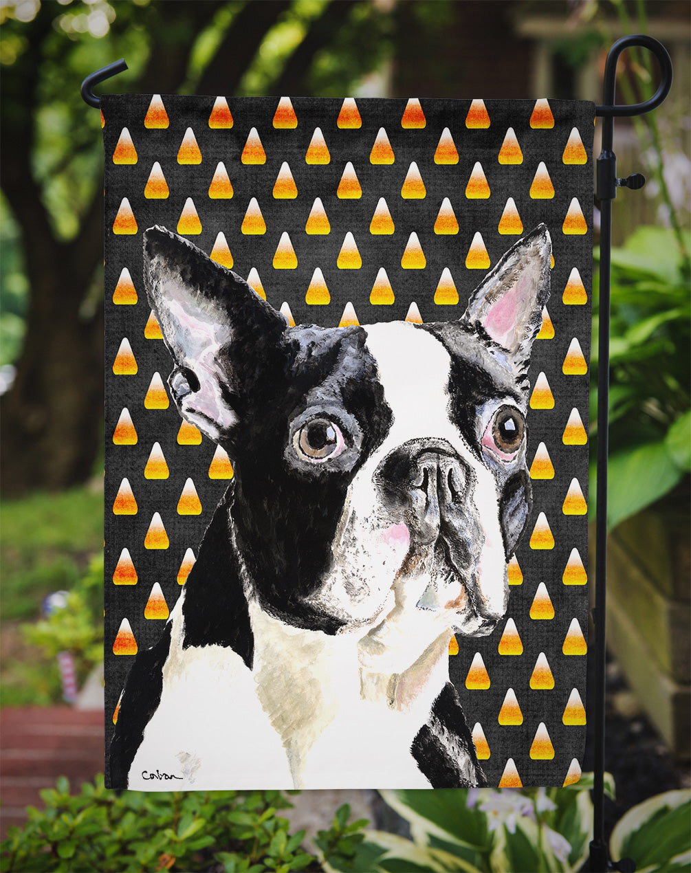 Boston Terrier Candy Corn Halloween Portrait Garden Flag Mailbox Decorative Yard Banner Outside Patio Artwork for Flower Beds, Garden Size, Multicolor