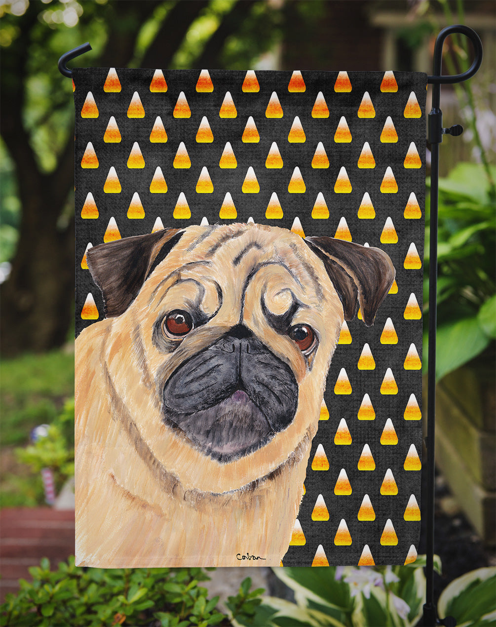 Pug Candy Corn Halloween Portrait Garden Flag Mailbox Decorative Yard Banner Outside Patio Artwork for Flower Beds, Garden Size, Multicolor