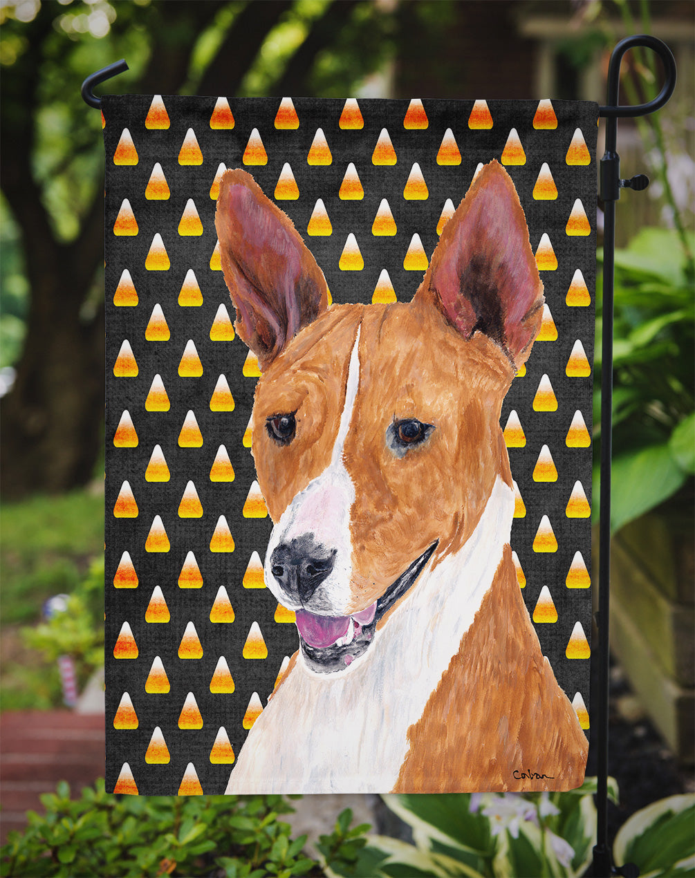 Basenji Candy Corn Halloween Portrait Garden Flag Mailbox Decorative Yard Banner Outside Patio Artwork for Flower Beds, Garden Size, Multicolor