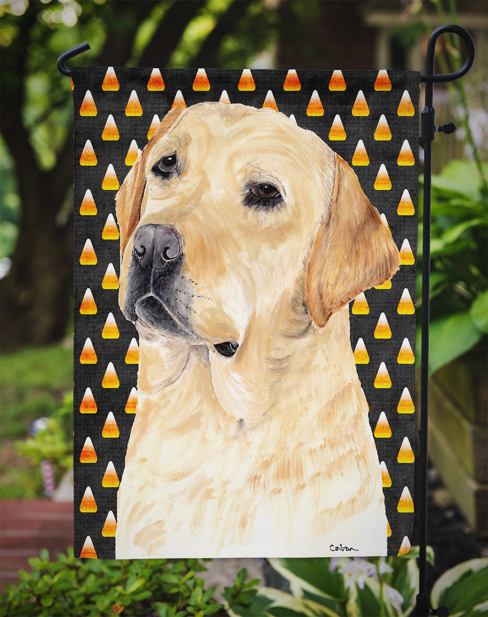 Labrador Yellow Candy Corn Halloween Portrait Garden Flag Mailbox Decorative Yard Banner Outside Patio Artwork for Flower Beds, Garden Size, Multicolor