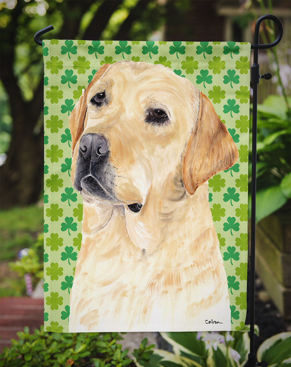 Labrador Yellow St. Patrick's Day Shamrock Portrait Garden Flag Mailbox Decorative Yard Banner Outside Patio Artwork for Flower Beds, Garden Size, Multicolor
