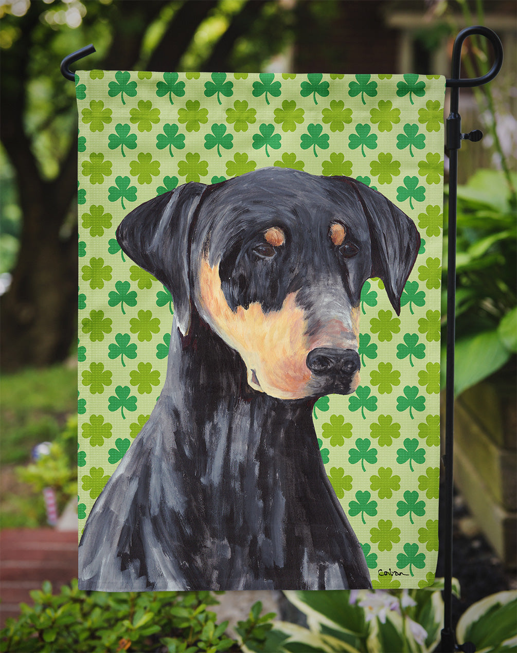 Doberman St. Patrick's Day Shamrock Portrait Garden Flag Mailbox Decorative Yard Banner Outside Patio Artwork for Flower Beds, Garden Size, Multicolor