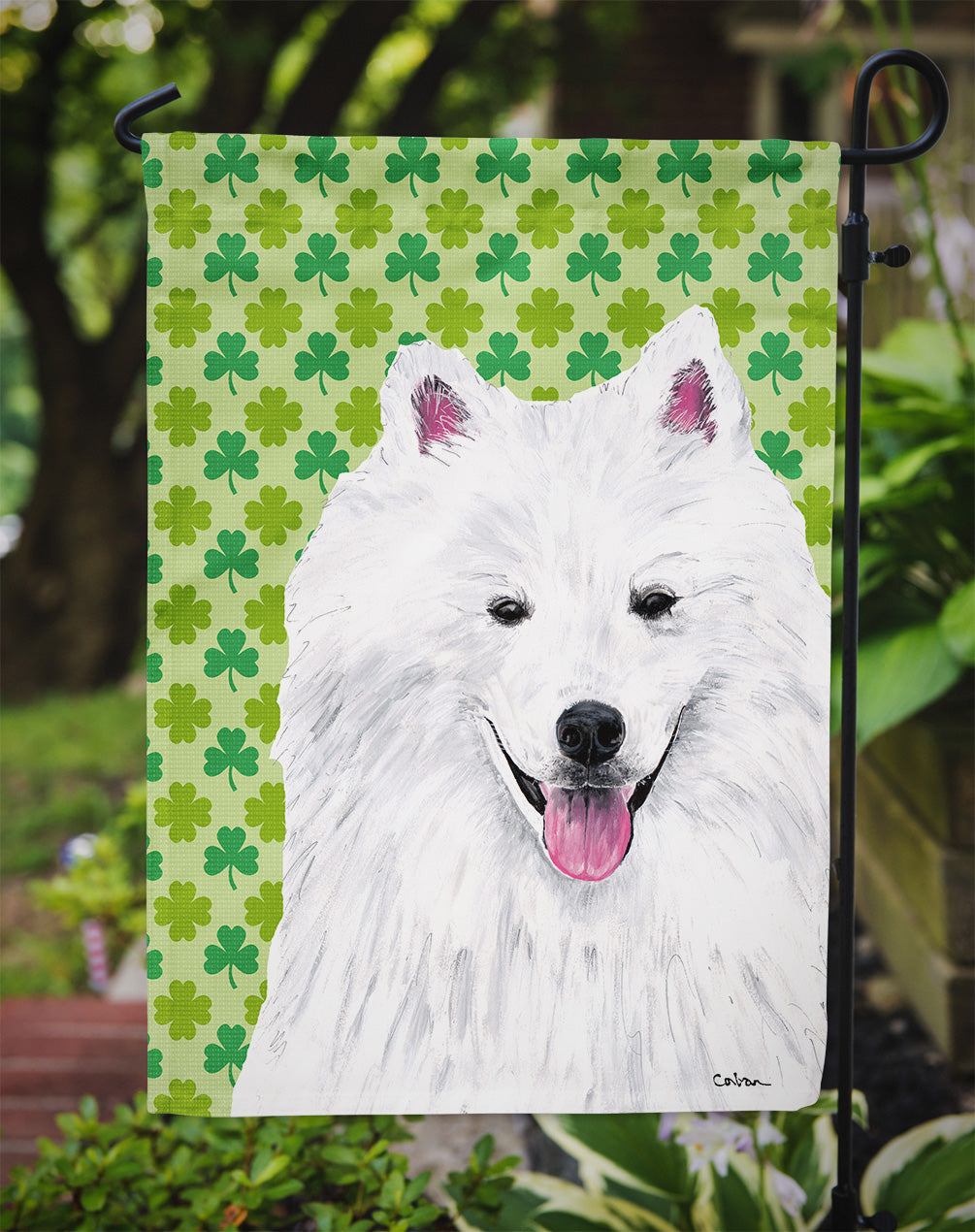 American Eskimo St. Patrick's Day Shamrock Portrait Garden Flag Mailbox Decorative Yard Banner Outside Patio Artwork for Flower Beds, Garden Size, Multicolor