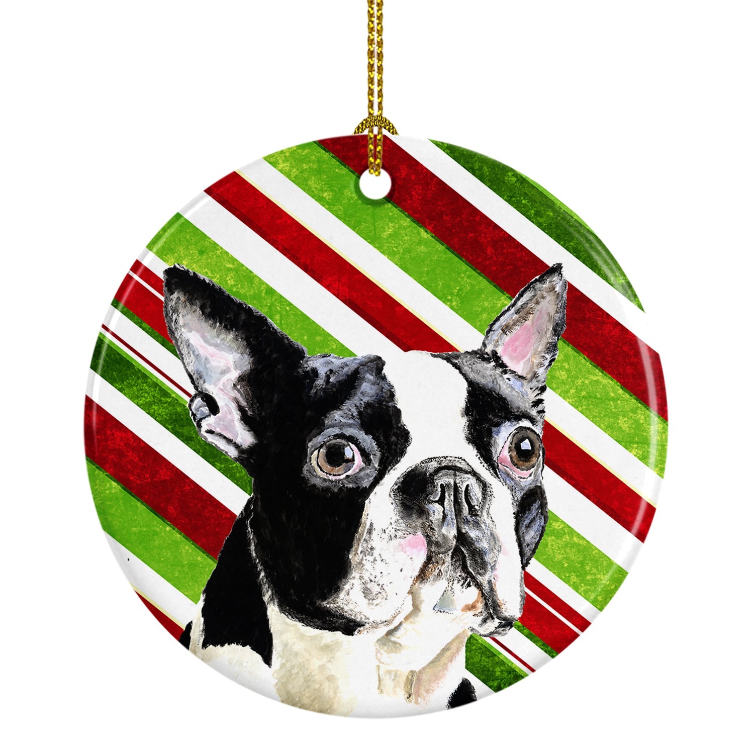 Boston Terrier Candy Cane Holiday Christmas Ceramic Ornament Christmas Tree Hanging Decorations for Home Christmas Holiday, Party, Gift, 3 in, Multicolor