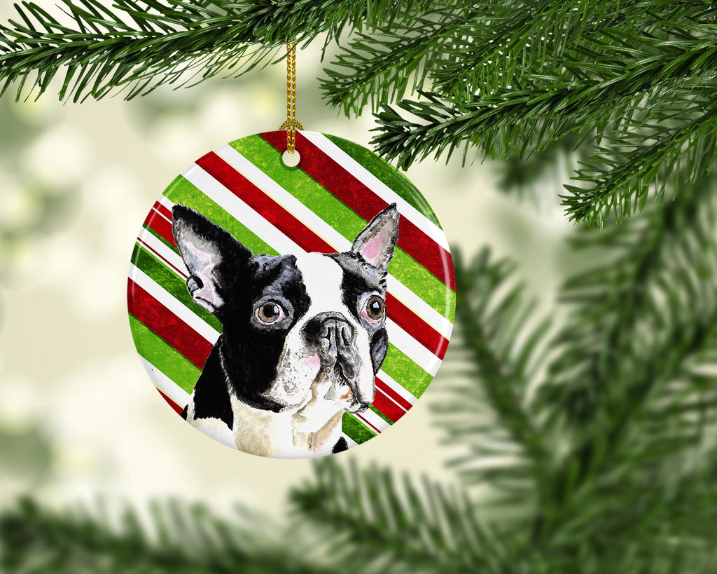 Boston Terrier Candy Cane Holiday Christmas Ceramic Ornament Christmas Tree Hanging Decorations for Home Christmas Holiday, Party, Gift, 3 in, Multicolor