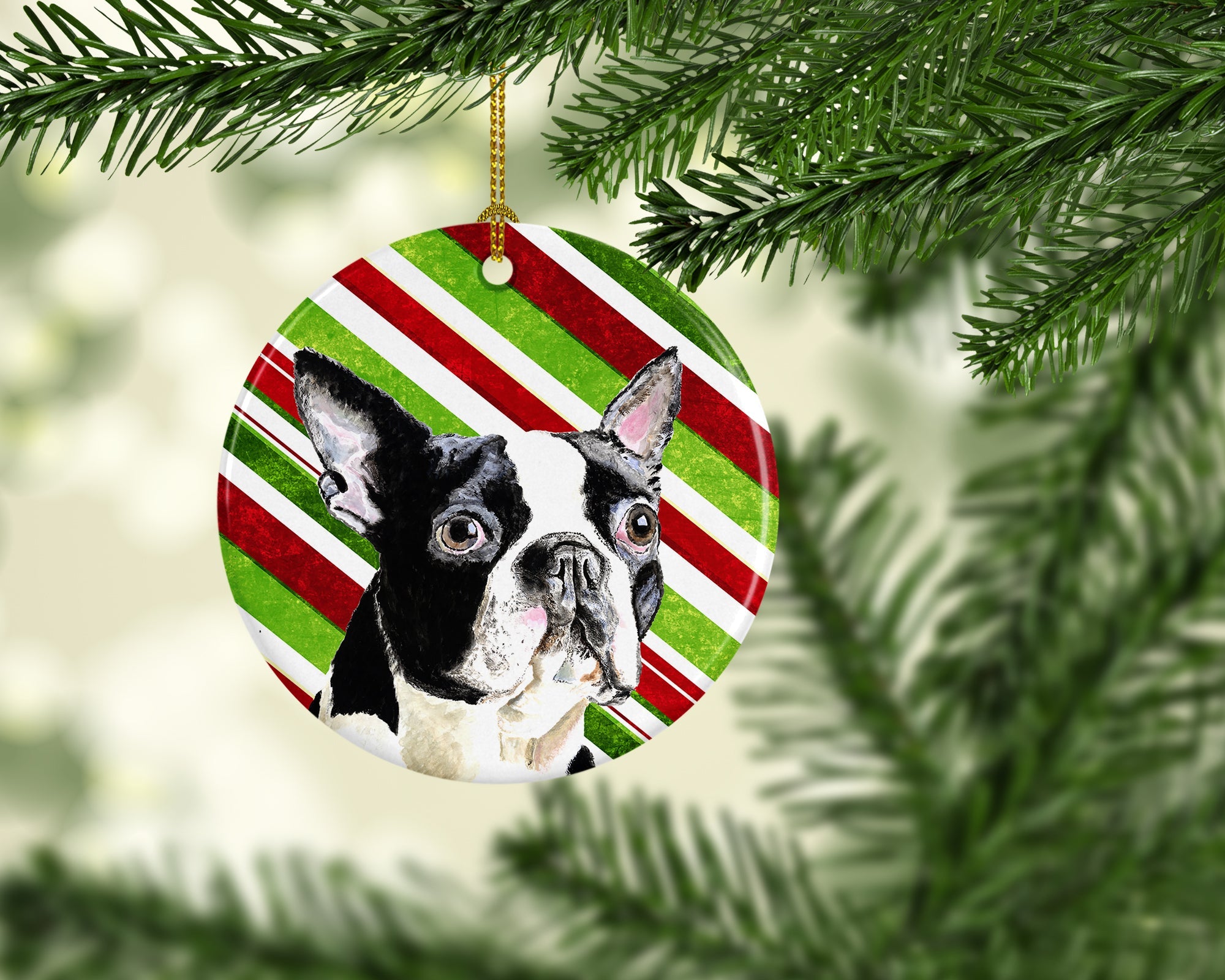 Boston Terrier Candy Cane Holiday Christmas Ceramic Ornament Christmas Tree Hanging Decorations for Home Christmas Holiday, Party, Gift, 3 in, Multicolor