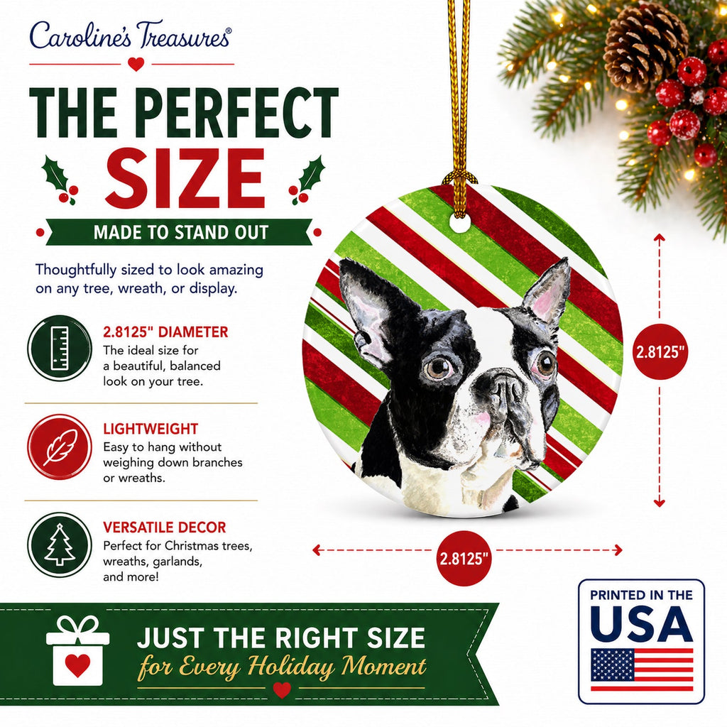 Boston Terrier Candy Cane Holiday Christmas Ceramic Ornament Christmas Tree Hanging Decorations for Home Christmas Holiday, Party, Gift, 3 in, Multicolor