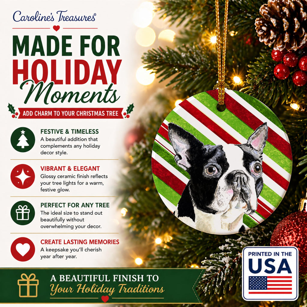 Boston Terrier Candy Cane Holiday Christmas Ceramic Ornament Christmas Tree Hanging Decorations for Home Christmas Holiday, Party, Gift, 3 in, Multicolor