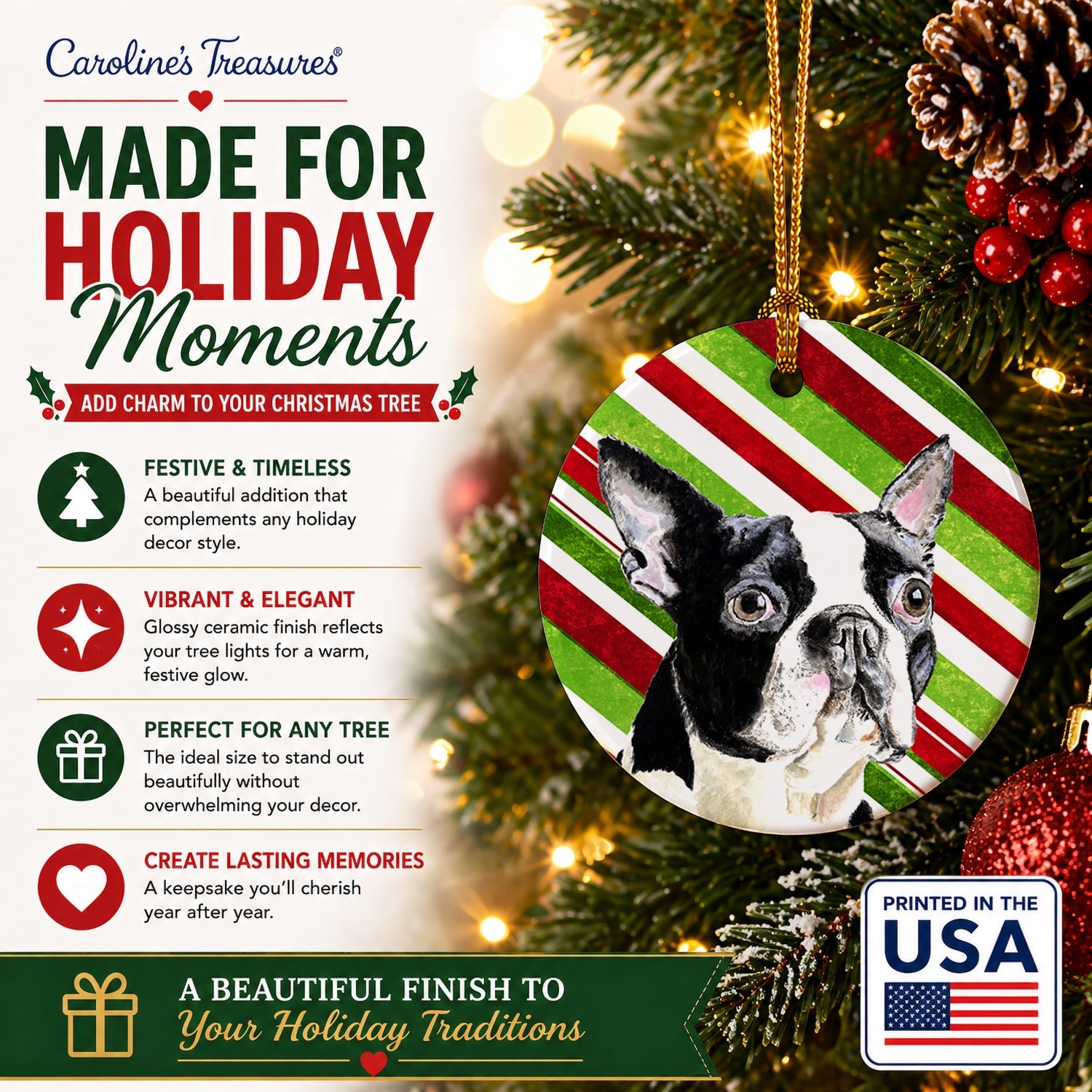 Boston Terrier Candy Cane Holiday Christmas Ceramic Ornament Christmas Tree Hanging Decorations for Home Christmas Holiday, Party, Gift, 3 in, Multicolor