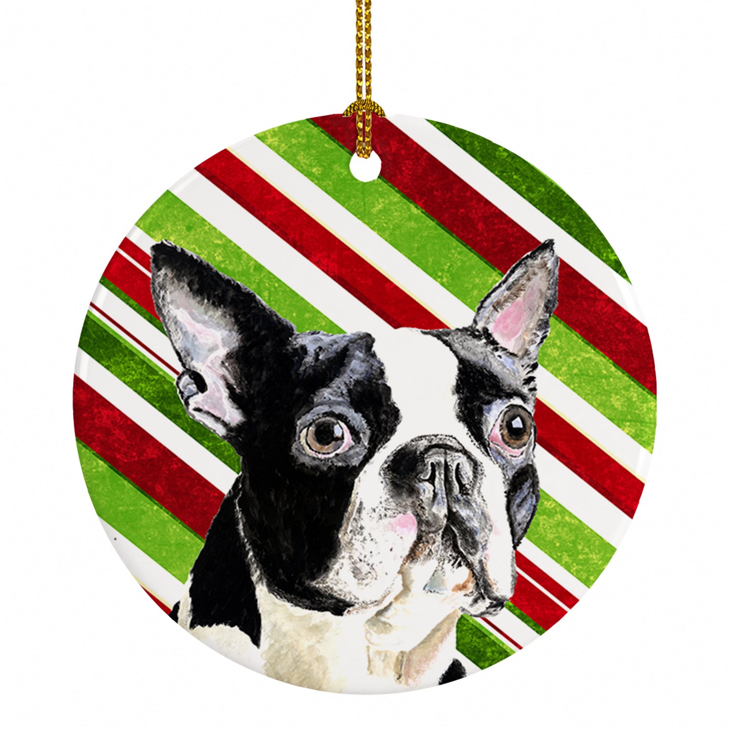 Boston Terrier Candy Cane Holiday Christmas Ceramic Ornament Christmas Tree Hanging Decorations for Home Christmas Holiday, Party, Gift, 3 in, Multicolor
