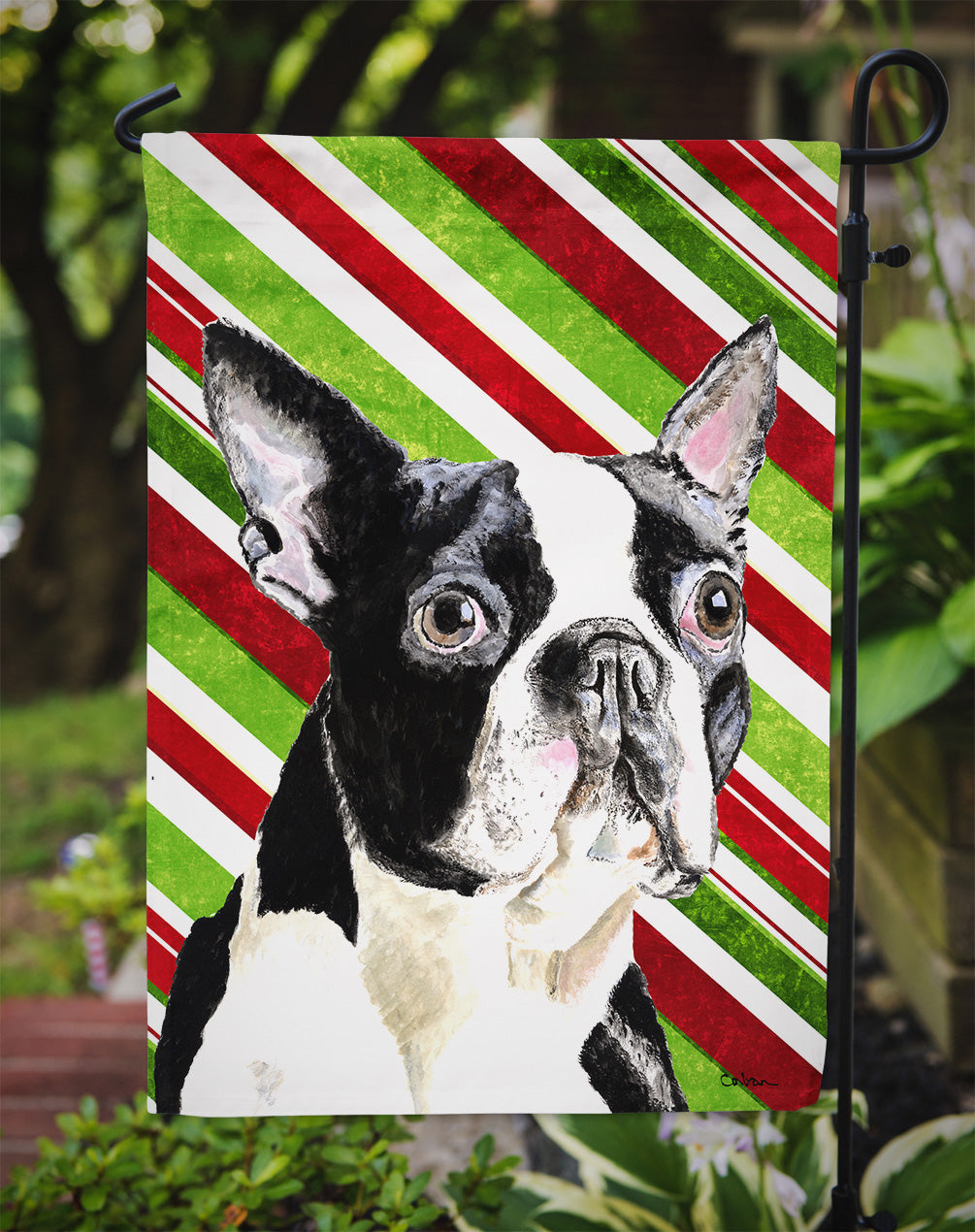 Boston Terrier Candy Cane Holiday Christmas Garden Flag Mailbox Decorative Yard Banner Outside Patio Artwork for Flower Beds, Garden Size, Multicolor