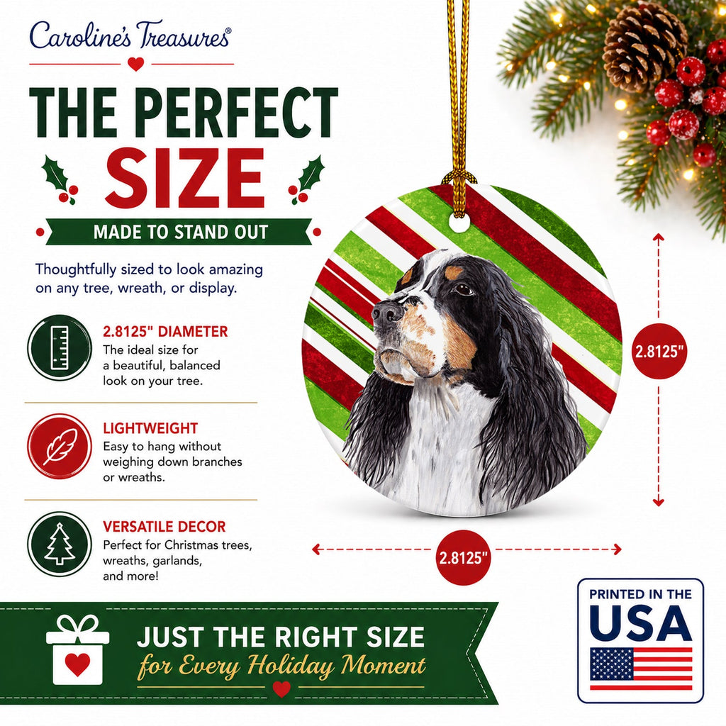 Springer Spaniel Candy Cane Holiday Christmas Ceramic Ornament Christmas Tree Hanging Decorations for Home Christmas Holiday, Party, Gift, 3 in, Multicolor